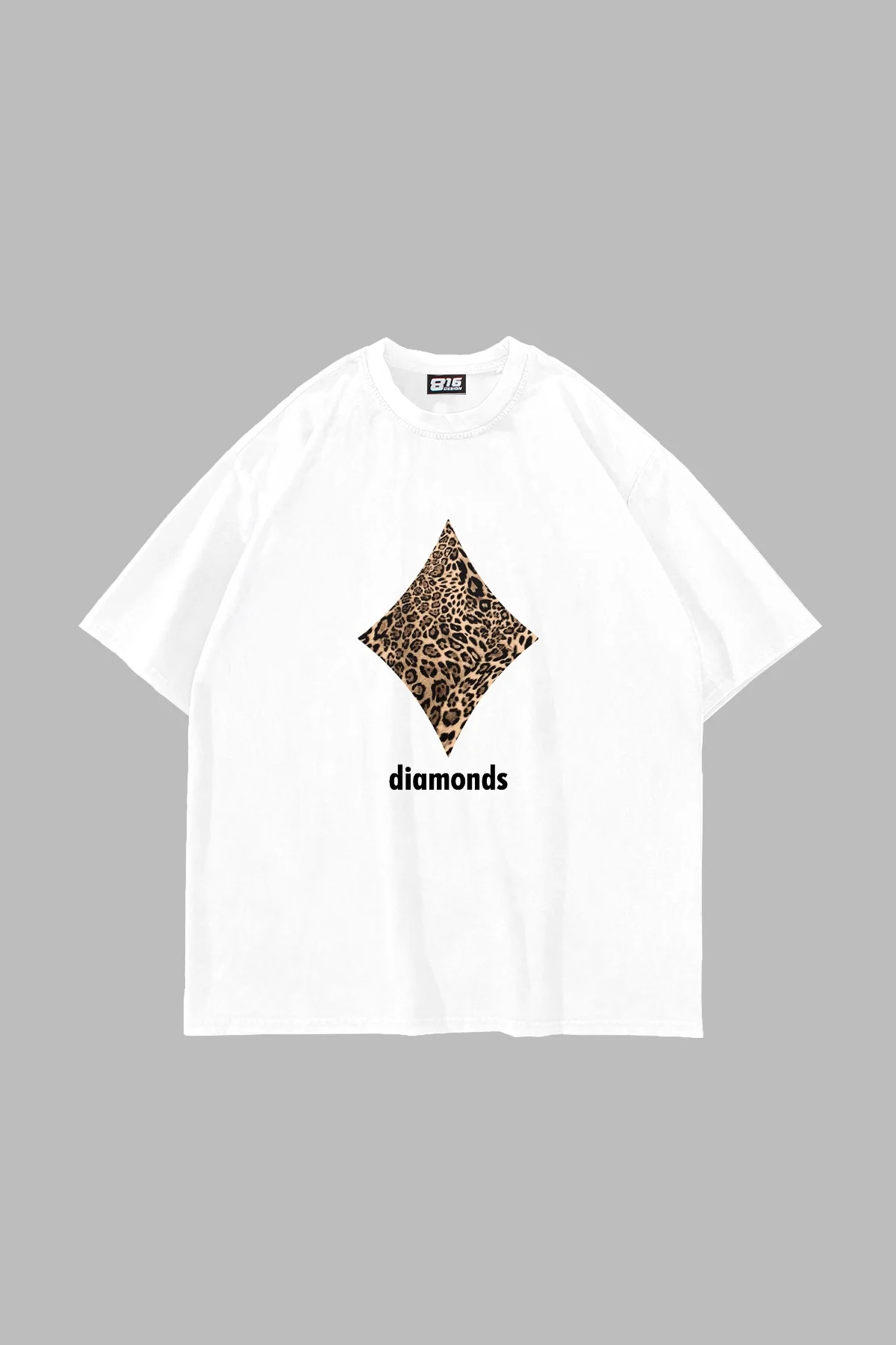 Diamonds Leopar Baskılı Oversize Unisex Premium Beyaz Tshirt