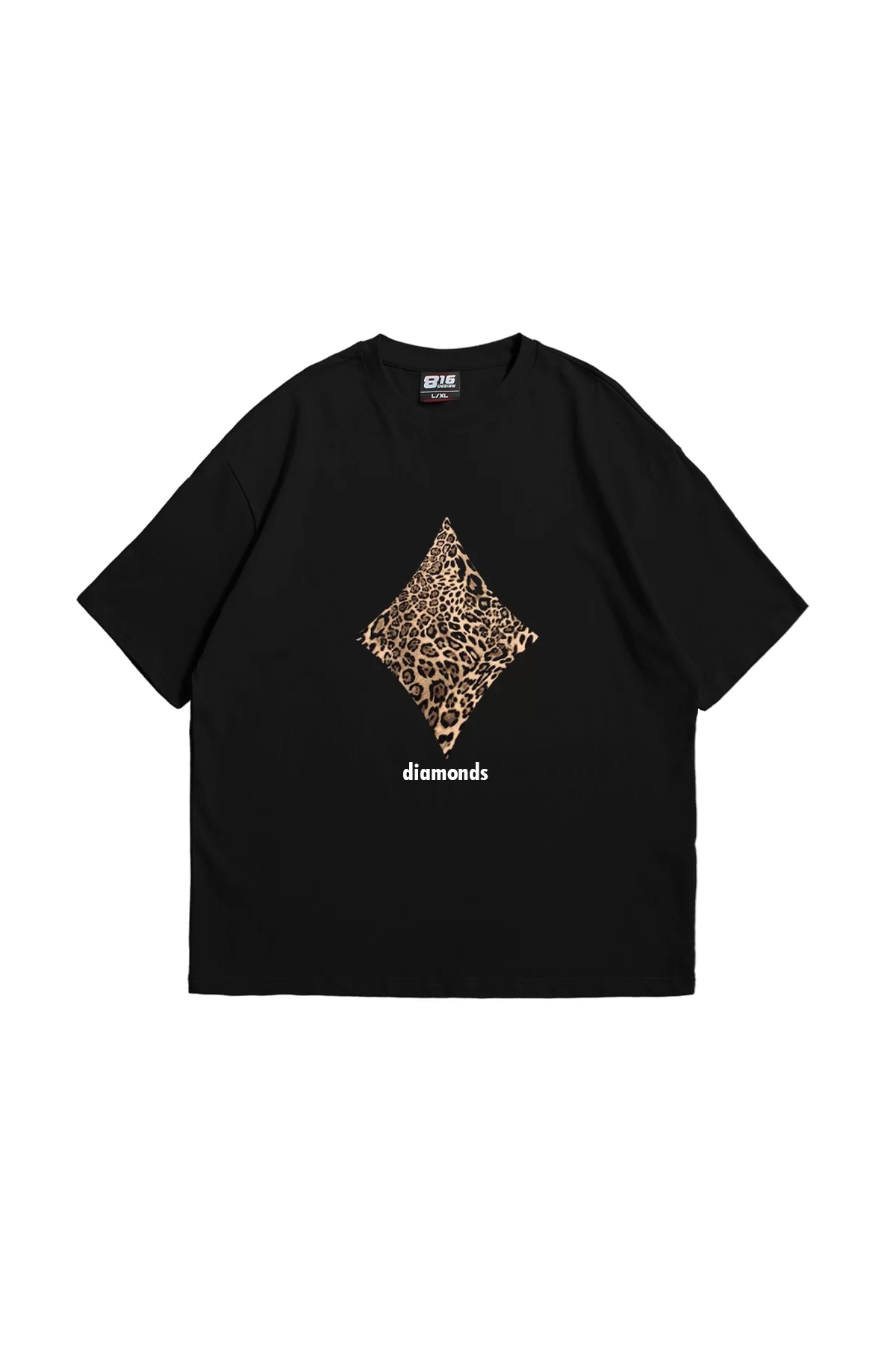 Diamonds Leopar Baskılı Oversize Unisex Premium Siyah Tshirt