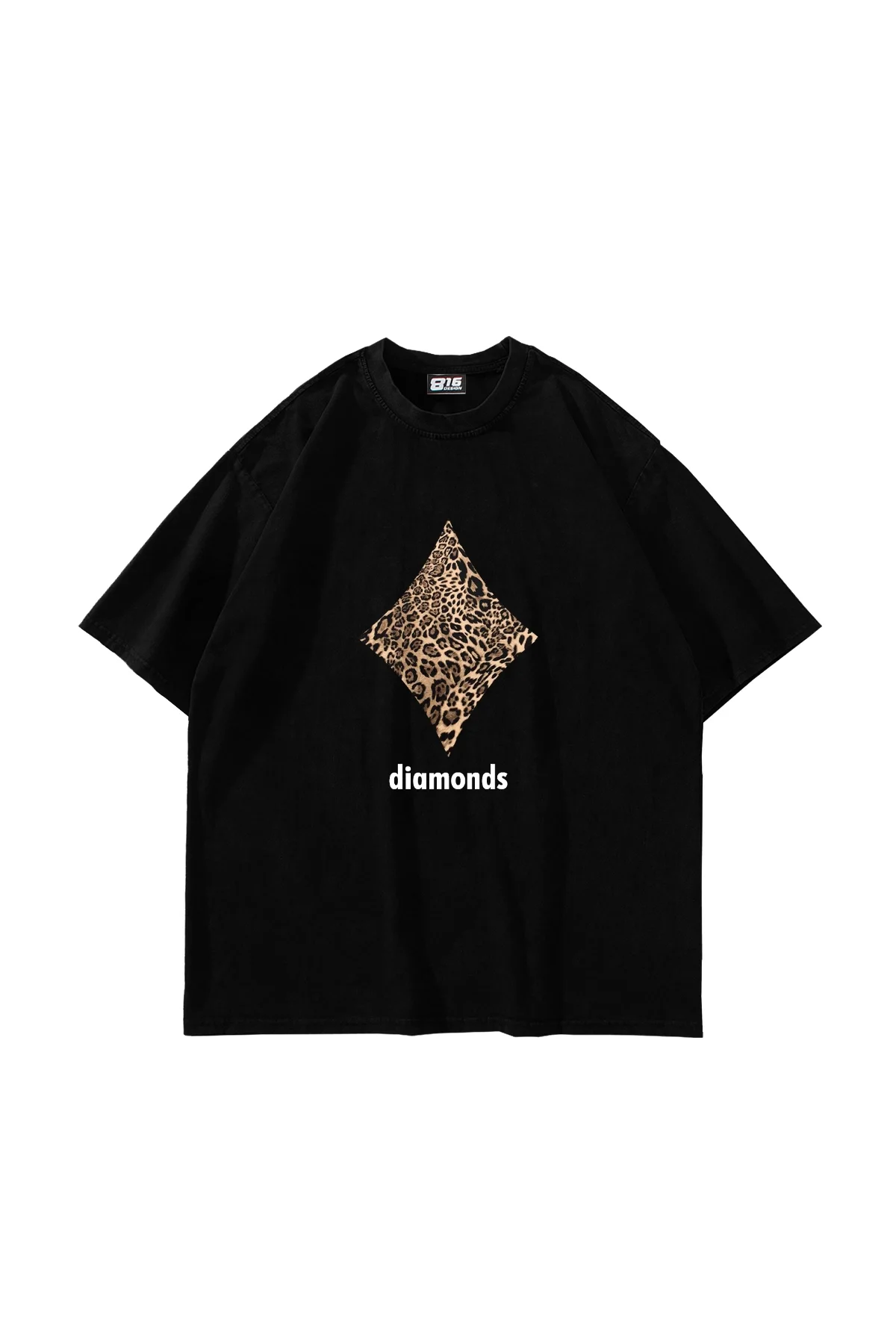 Diamonds Leopar Baskılı Oversize Unisex Premium Siyah Tshirt