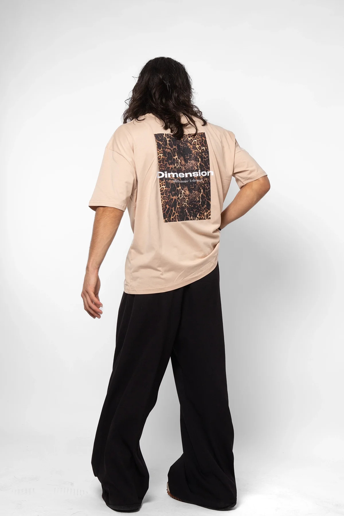 Dİmension Baskılı Leopar Desenli 24/1 Oversize Unisex Bej Tshirt