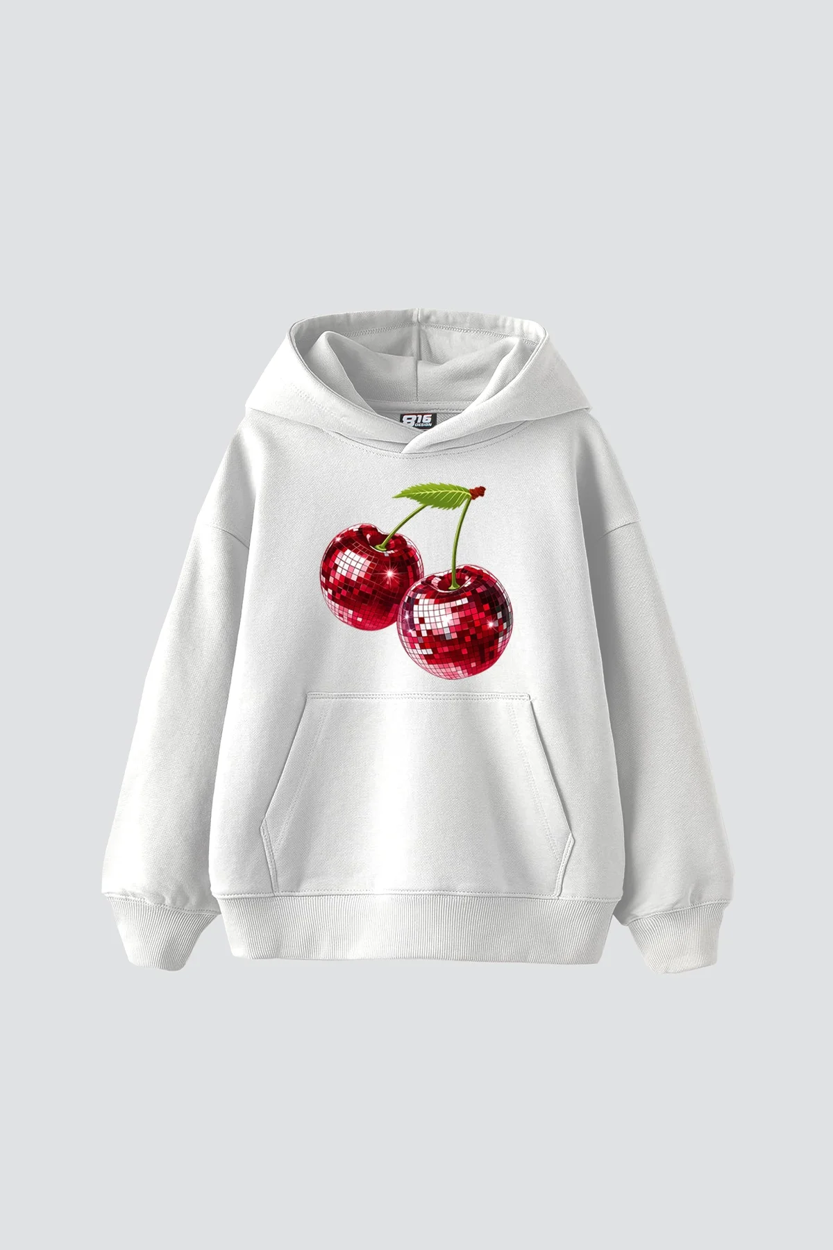 Disco Cherry Baskılı Oversize Unisex Beyaz Hoodie