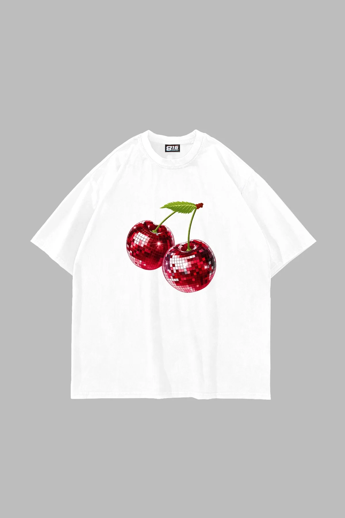Disco Cherry Baskılı Oversize Unisex Beyaz Tshirt