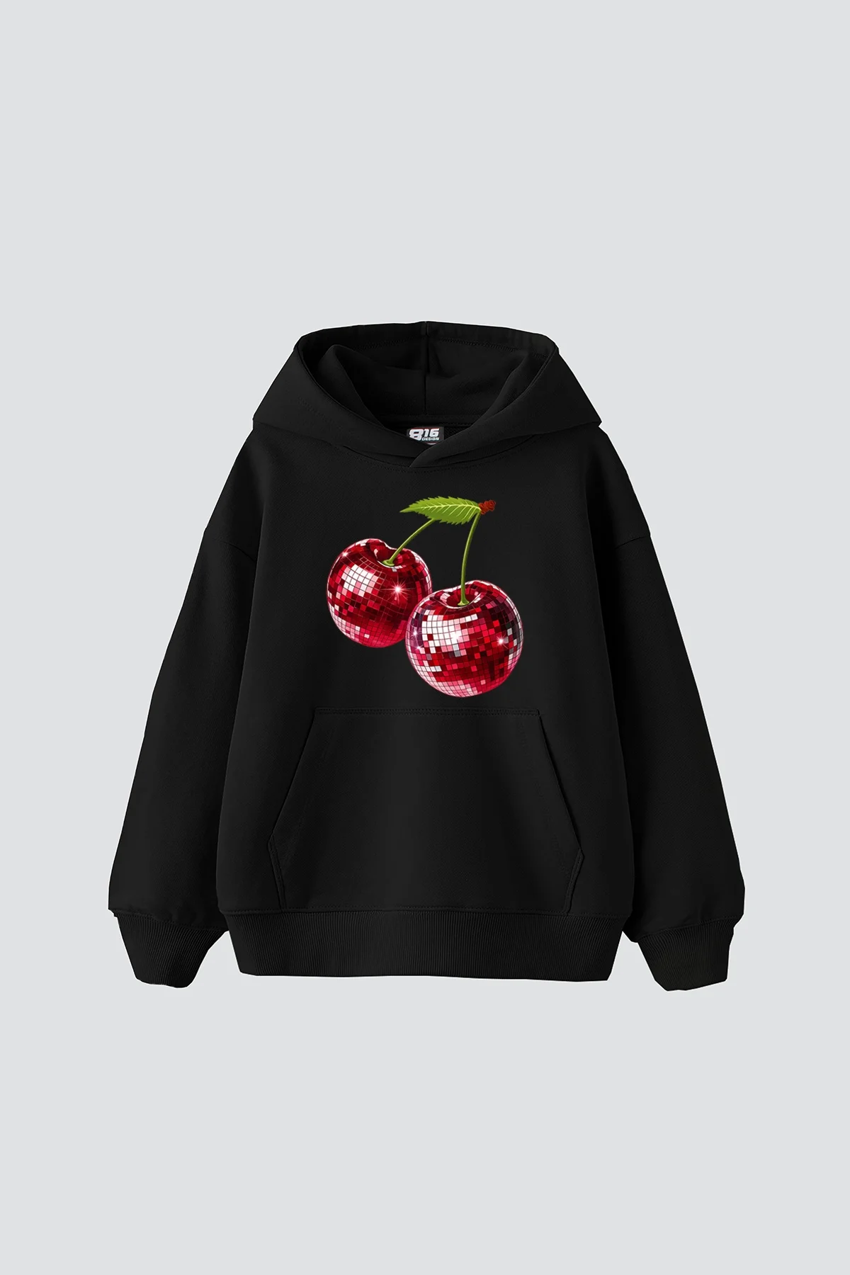 Disco Cherry Baskılı Oversize Unisex Siyah Hoodie