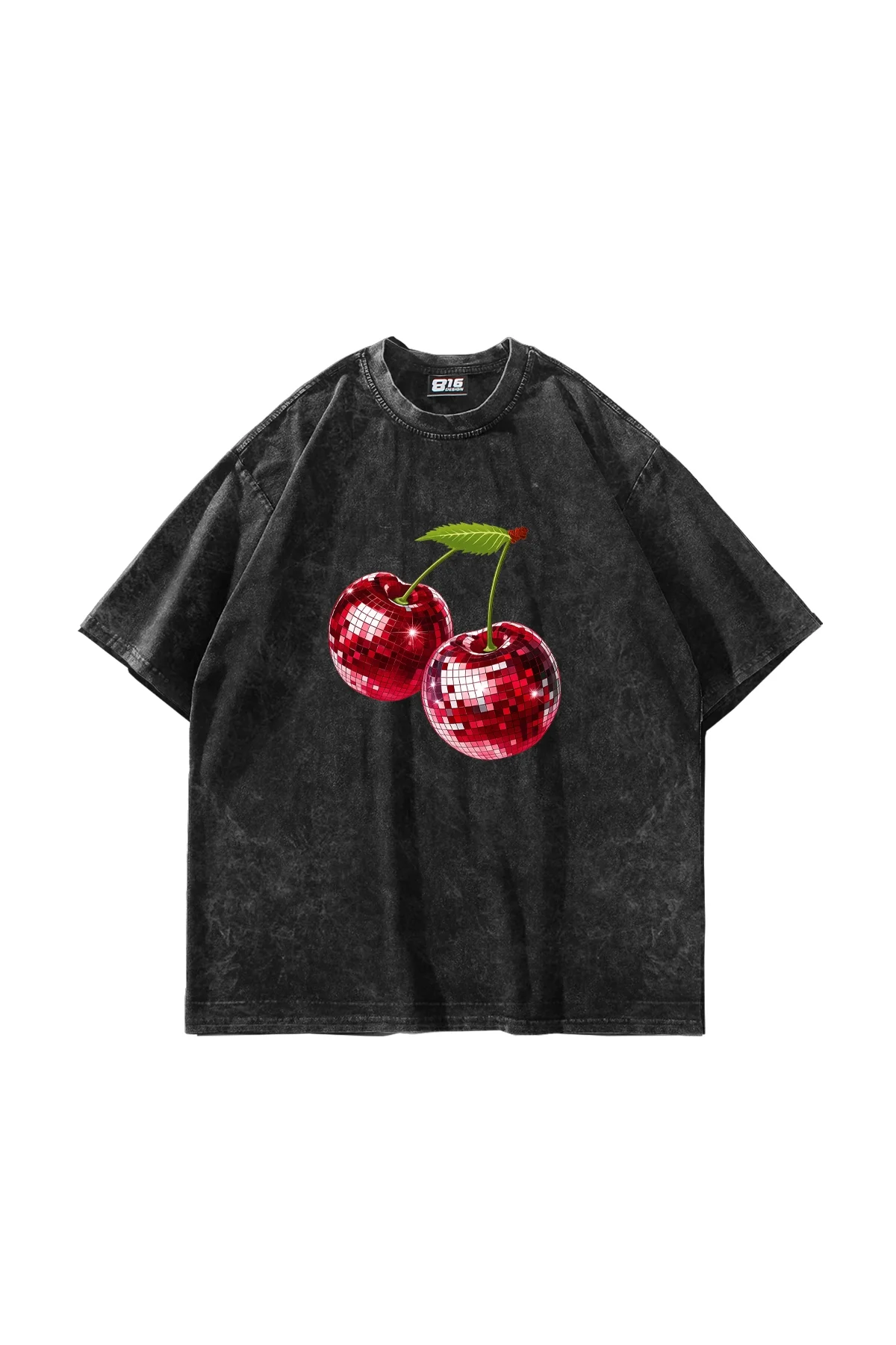 Disco Cherry Baskılı Oversize Unisex Yıkamalı Siyah Tshirt