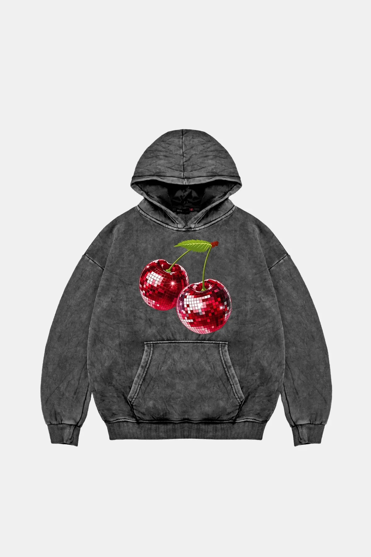 Disco Cherry Oversize Unisex Yıkamalı Siyah Hoodie