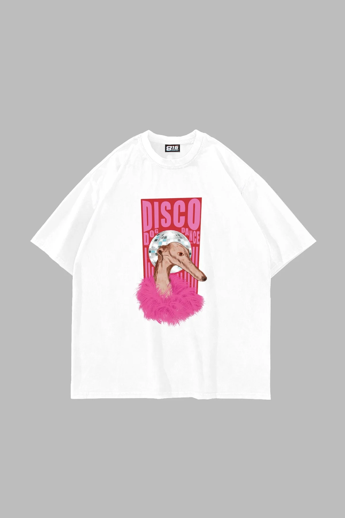 Disco Dog Baskılı Oversize Unisex Beyaz Tshirt