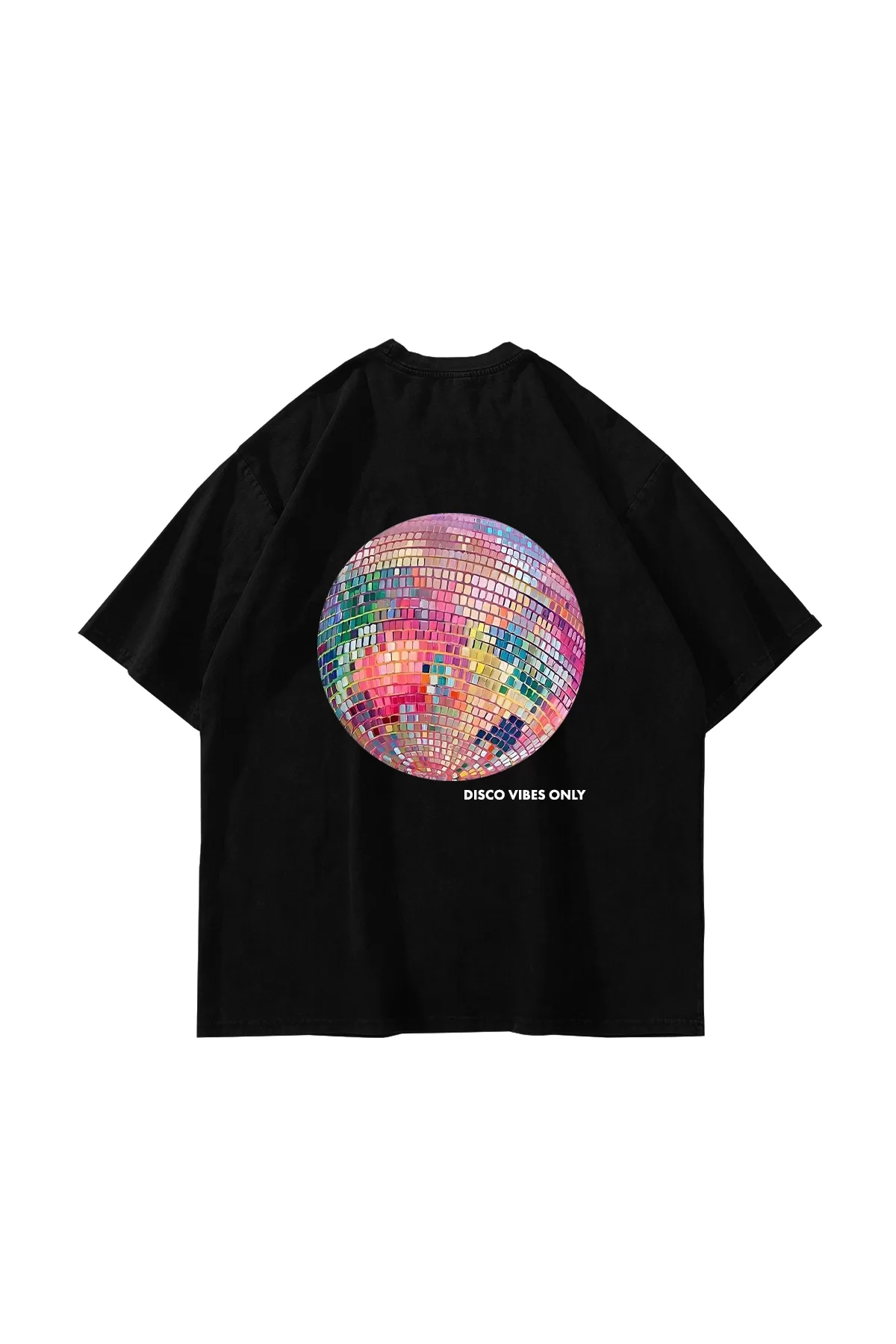 Disco Vibes Only Baskılı Oversize Unisex Siyah Tshirt