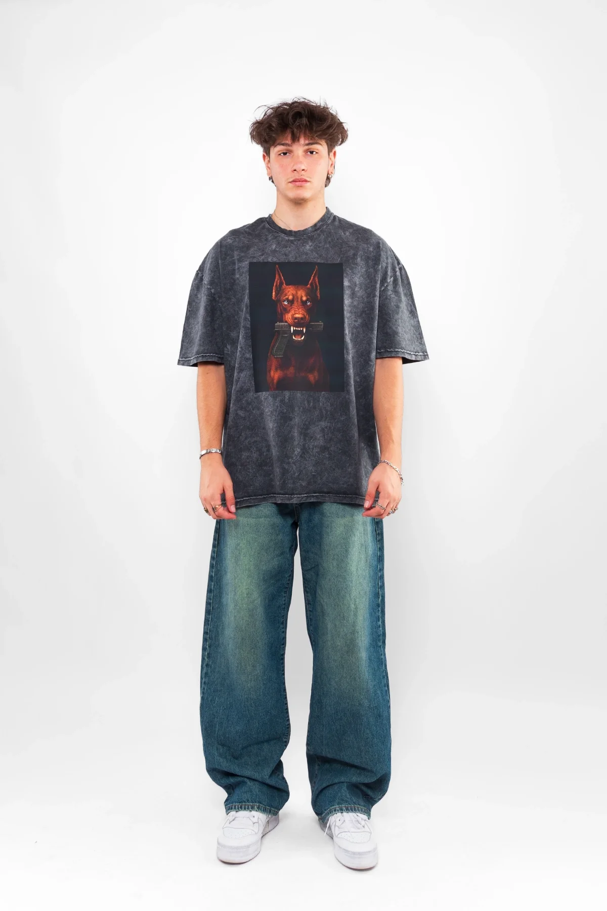 Doberman V2 Baskılı Oversize Unisex Yıkamalı Siyah Tshirt