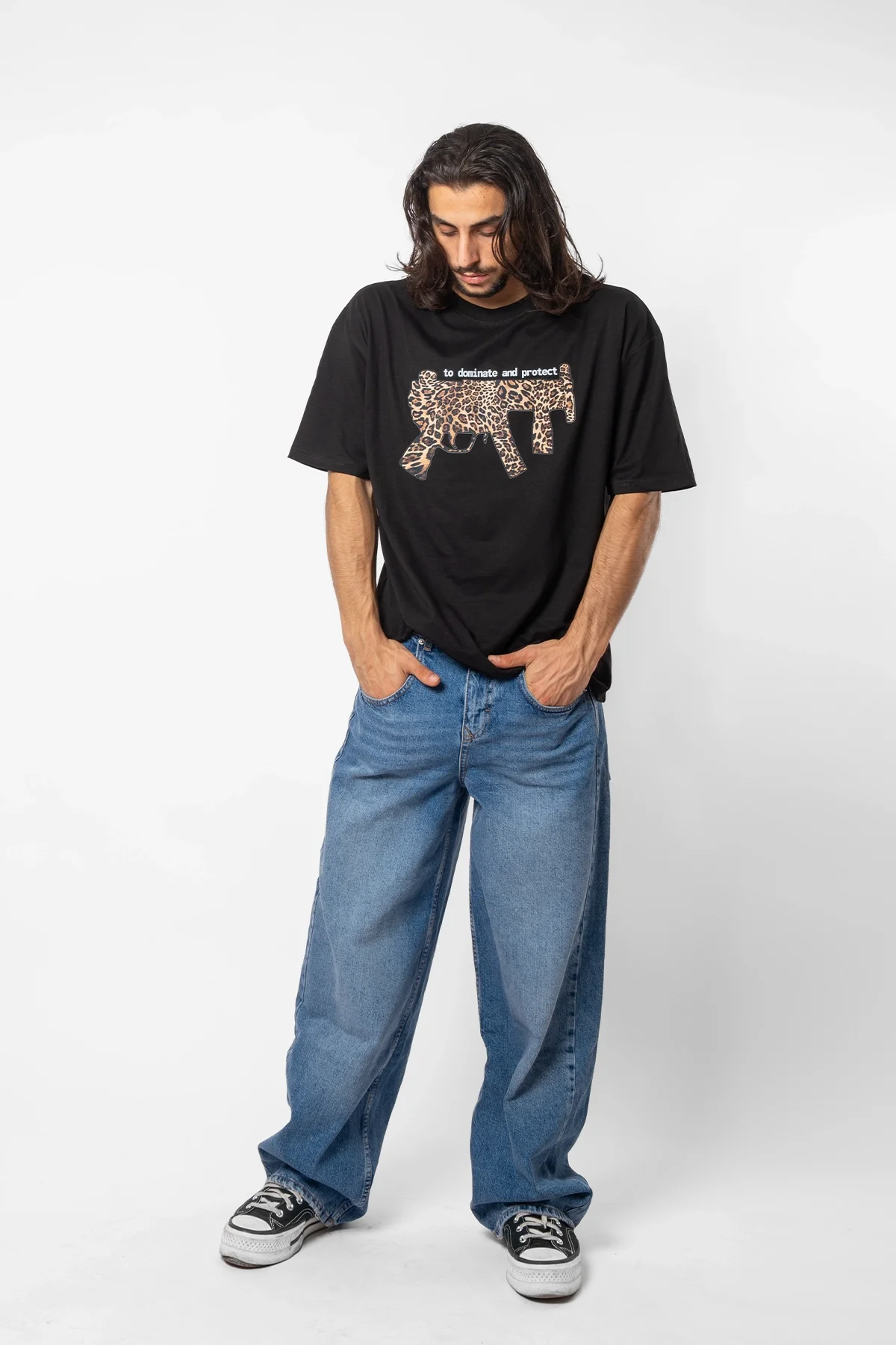 Dominate And Protect Baskılı 24/1 Oversize Unisex Siyah Tshirt