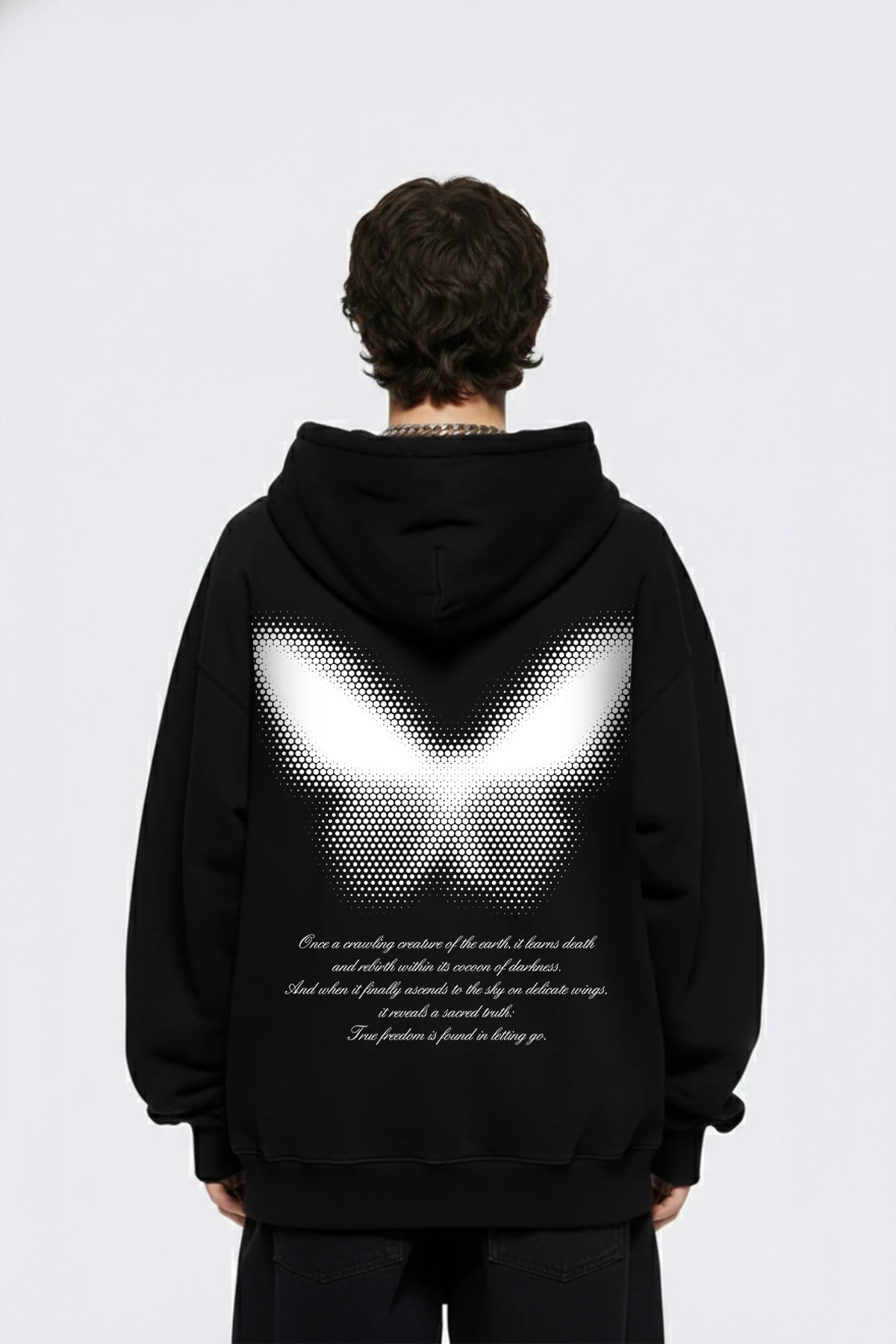 Dot Butterfly Baskılı Oversize Unisex Siyah Hoodie