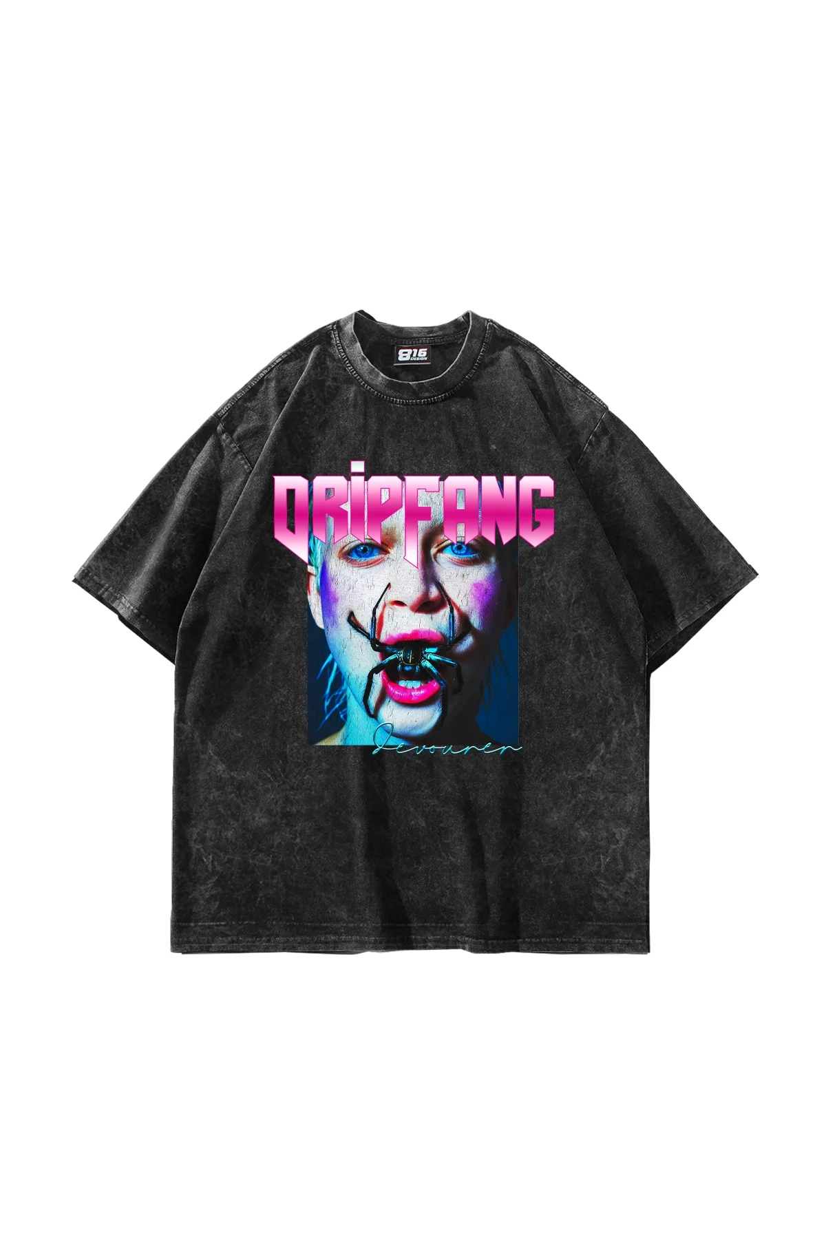 DripFang Baskılı Oversize Unisex Yıkamalı Siyah Tshirt