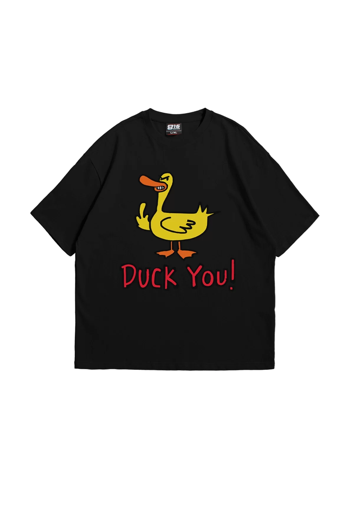 Duck You! Baskılı Oversize Unisex Siyah Tshirt