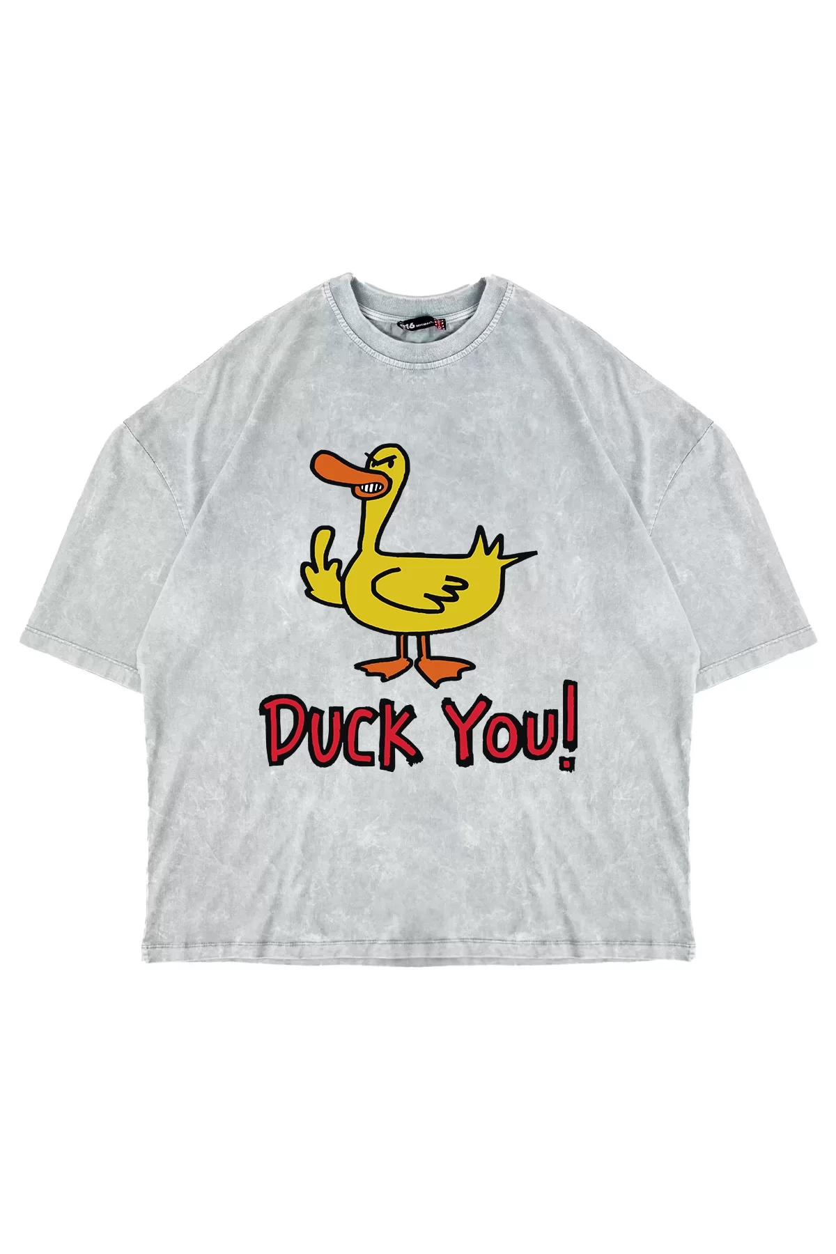 Duck You! Baskılı Oversize Unisex Yıkamalı Beyaz Tshirt