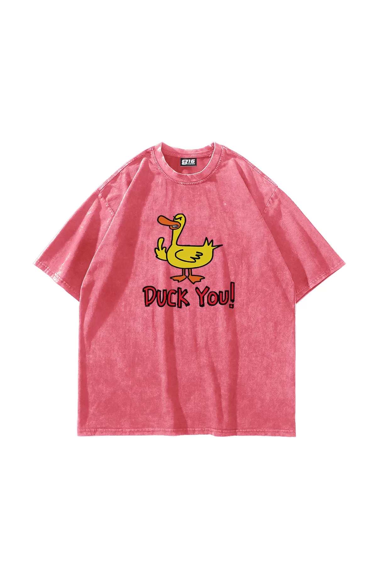Duck You! Baskılı Oversize Unisex Yıkamalı Pembe Tshirt