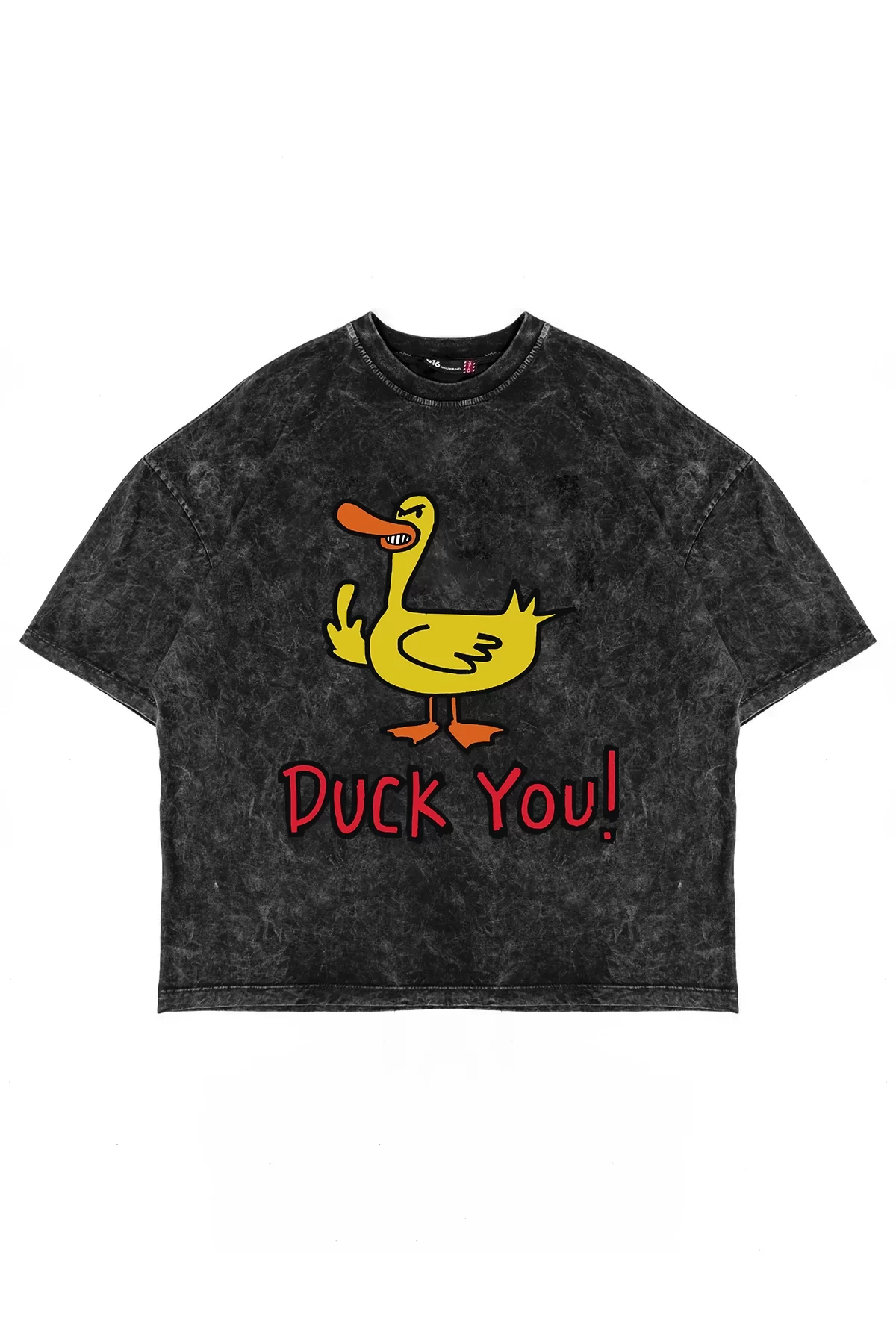 Duck You! Baskılı Oversize Unisex Yıkamalı Siyah Tshirt