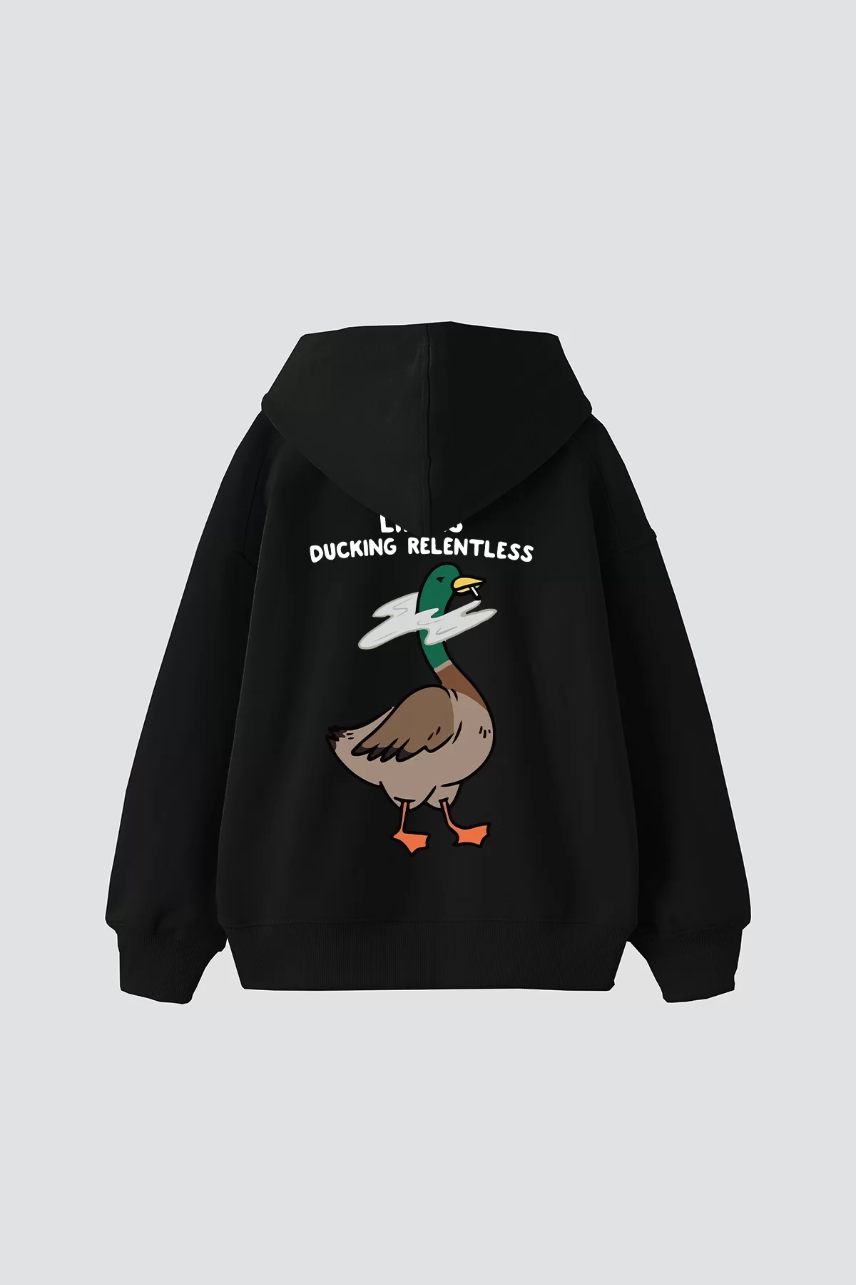 Ducking Relentless Baskılı Oversize Unisex Premium Siyah Hoodie