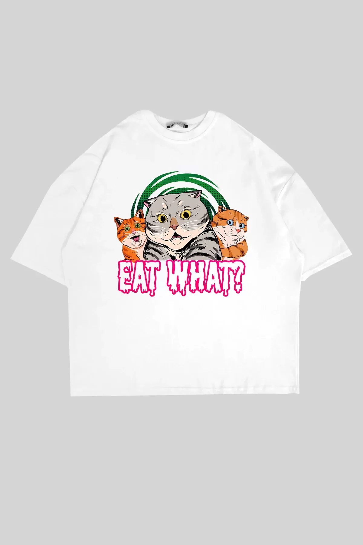 Eat What Cat Baskılı Oversize Unisex Beyaz Tshirt