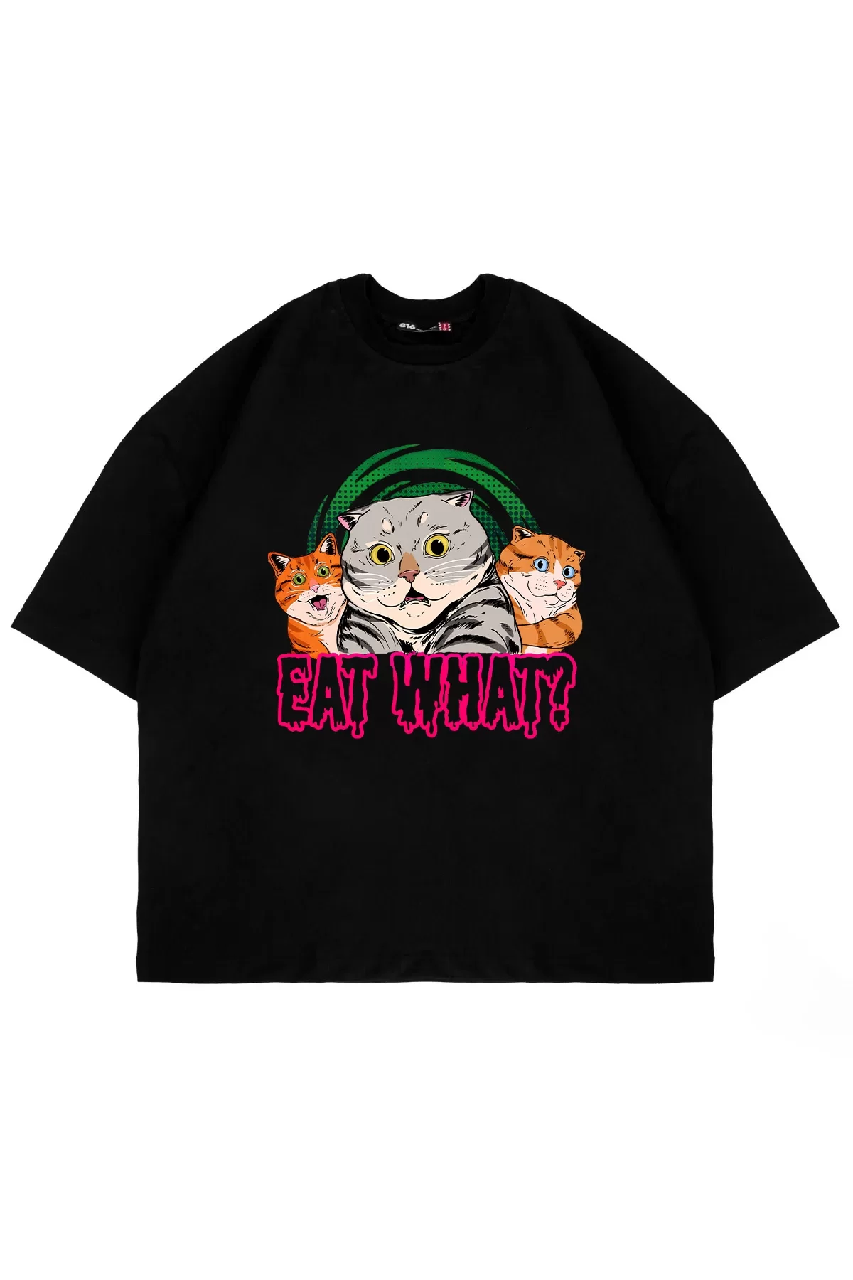Eat What Cat Baskılı Oversize Unisex Siyah Tshirt