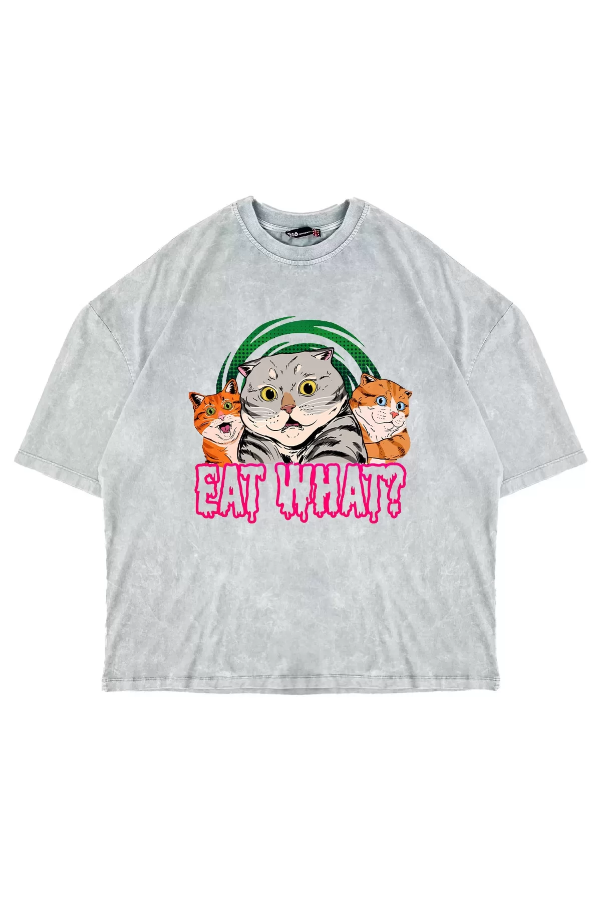 Eat What Cat Baskılı Oversize Unisex Yıkamalı Beyaz Tshirt