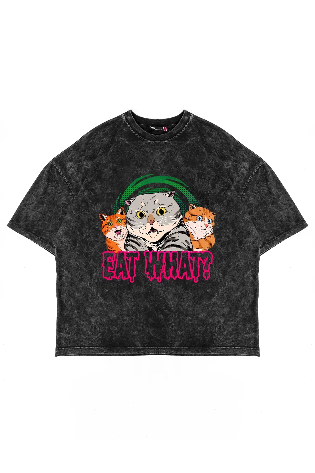 Eat What Cat Baskılı Oversize Unisex Yıkamalı Siyah Tshirt