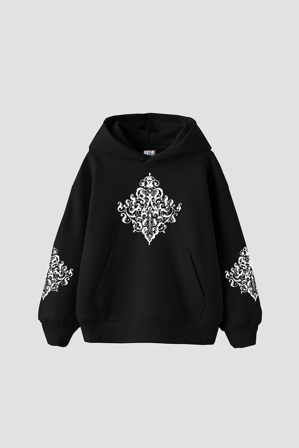 Etnik Baskılı Oversize Unisex Premium Siyah Hoodie