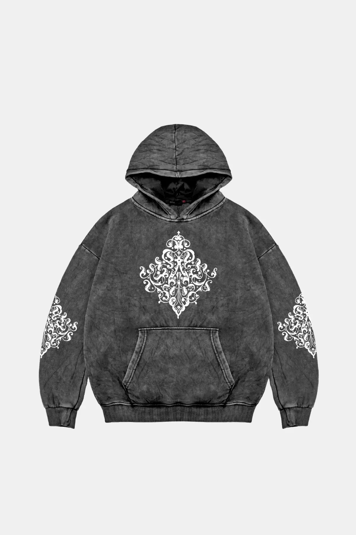 Etnik Baskılı Oversize Unisex Premium Yıkamalı Siyah Hoodie