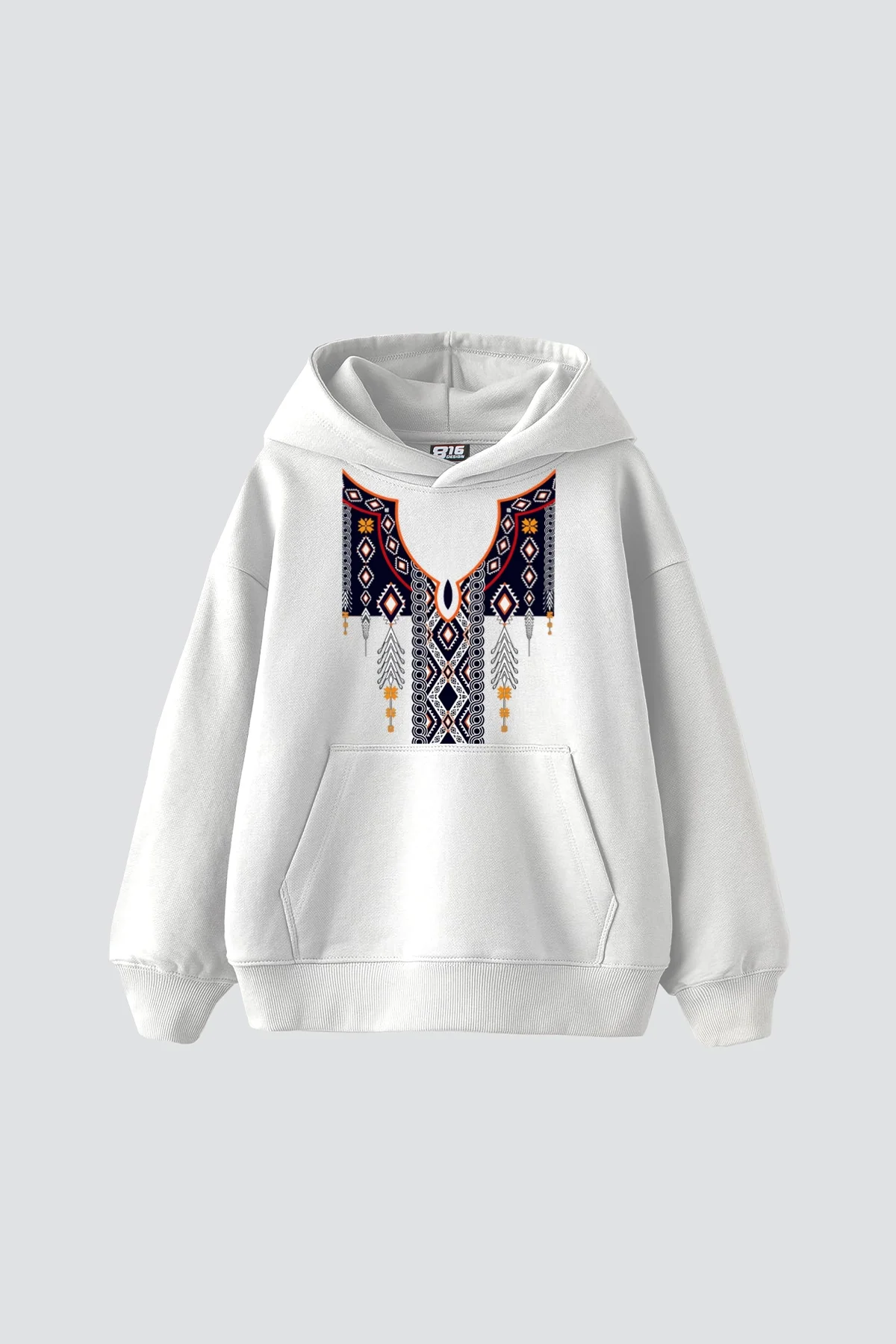 Etnik Desen Baskılı Oversize Unisex Beyaz Hoodie