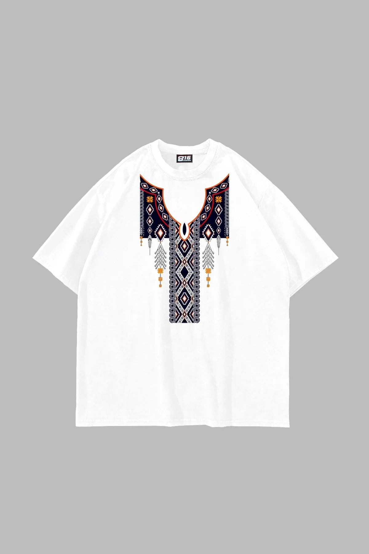 Etnik Desen Baskılı Oversize Unisex Beyaz Tshirt