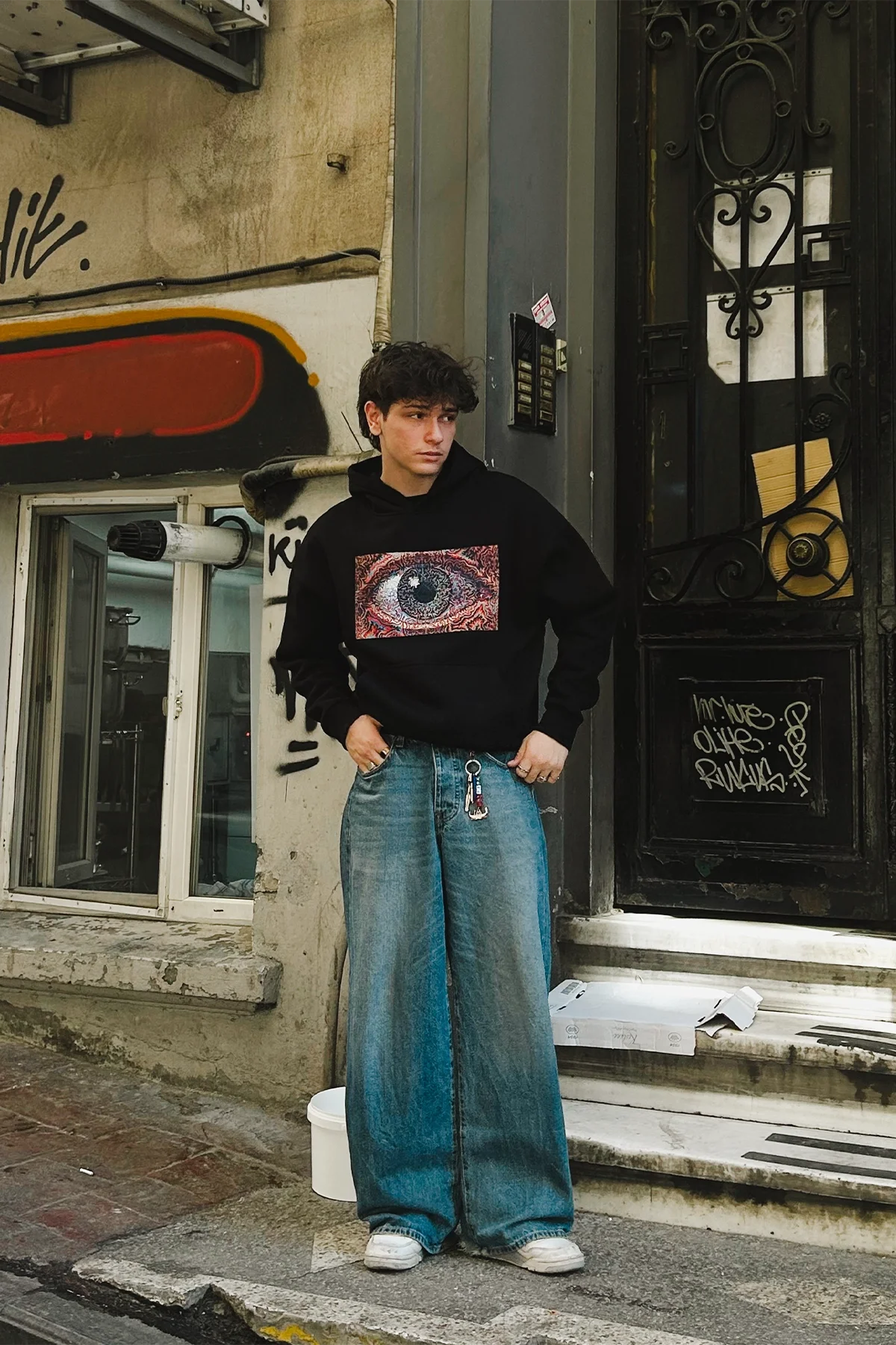 Eye Hallucination Baskılı Oversize Unisex Siyah Hoodie