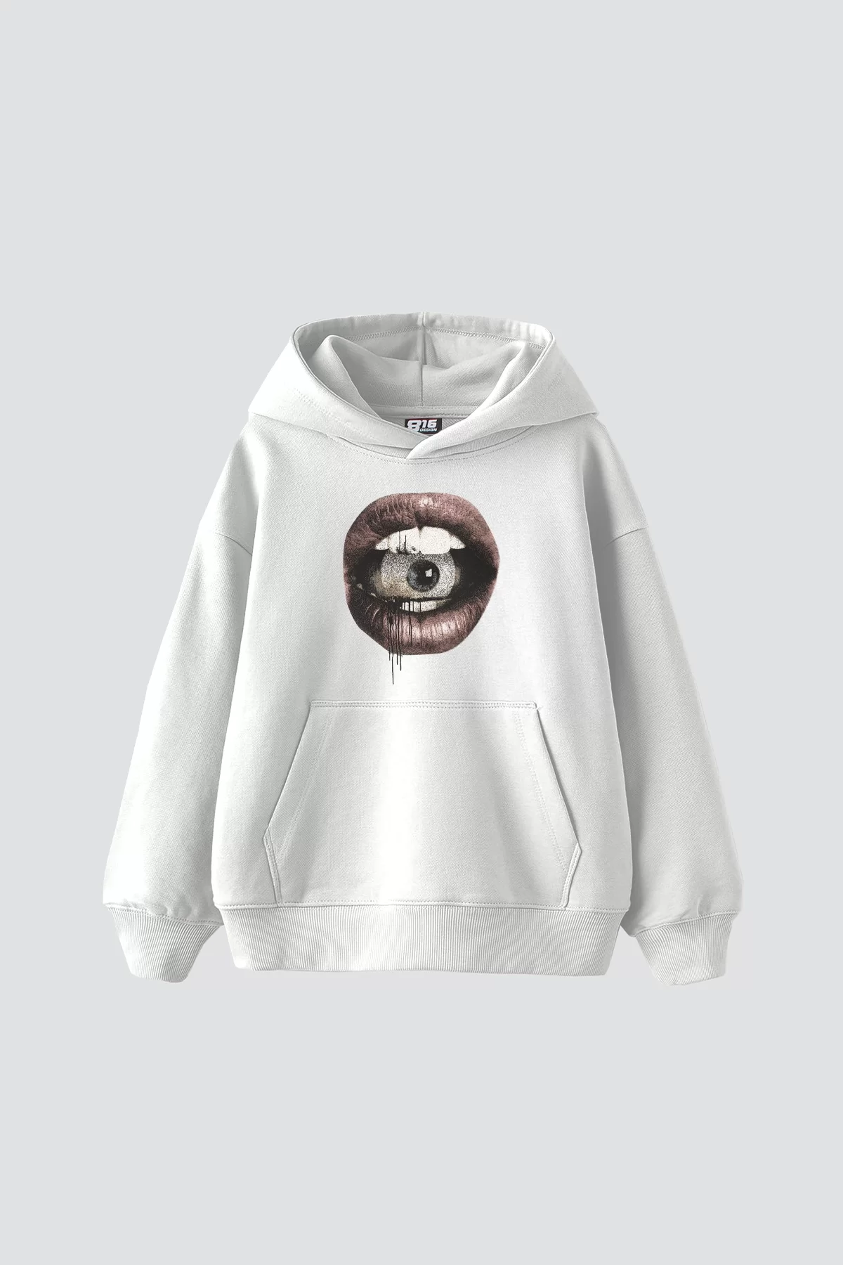 Eye In Mouth Baskılı Oversize Unisex Premium Beyaz Hoodie