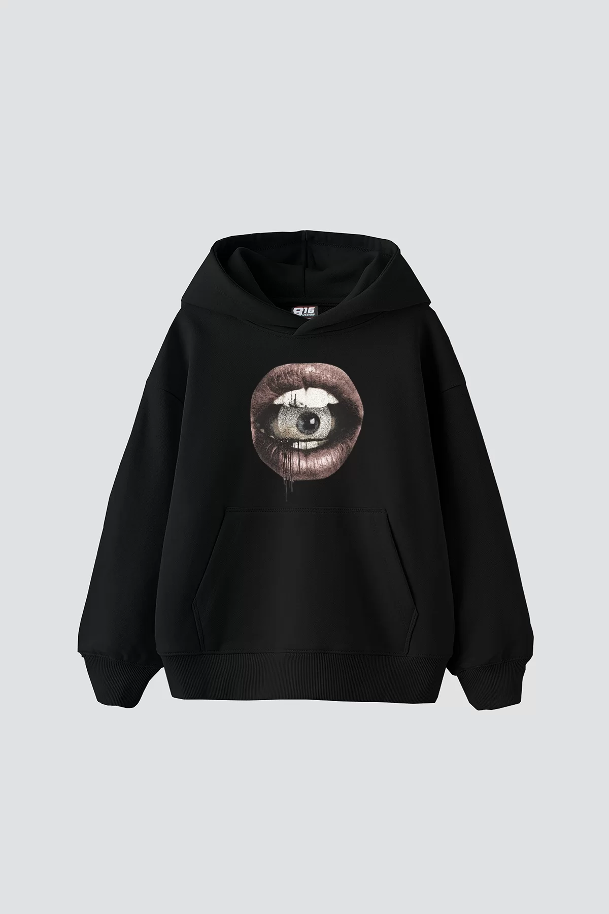 Eye In Mouth Baskılı Oversize Unisex Premium Siyah Hoodie