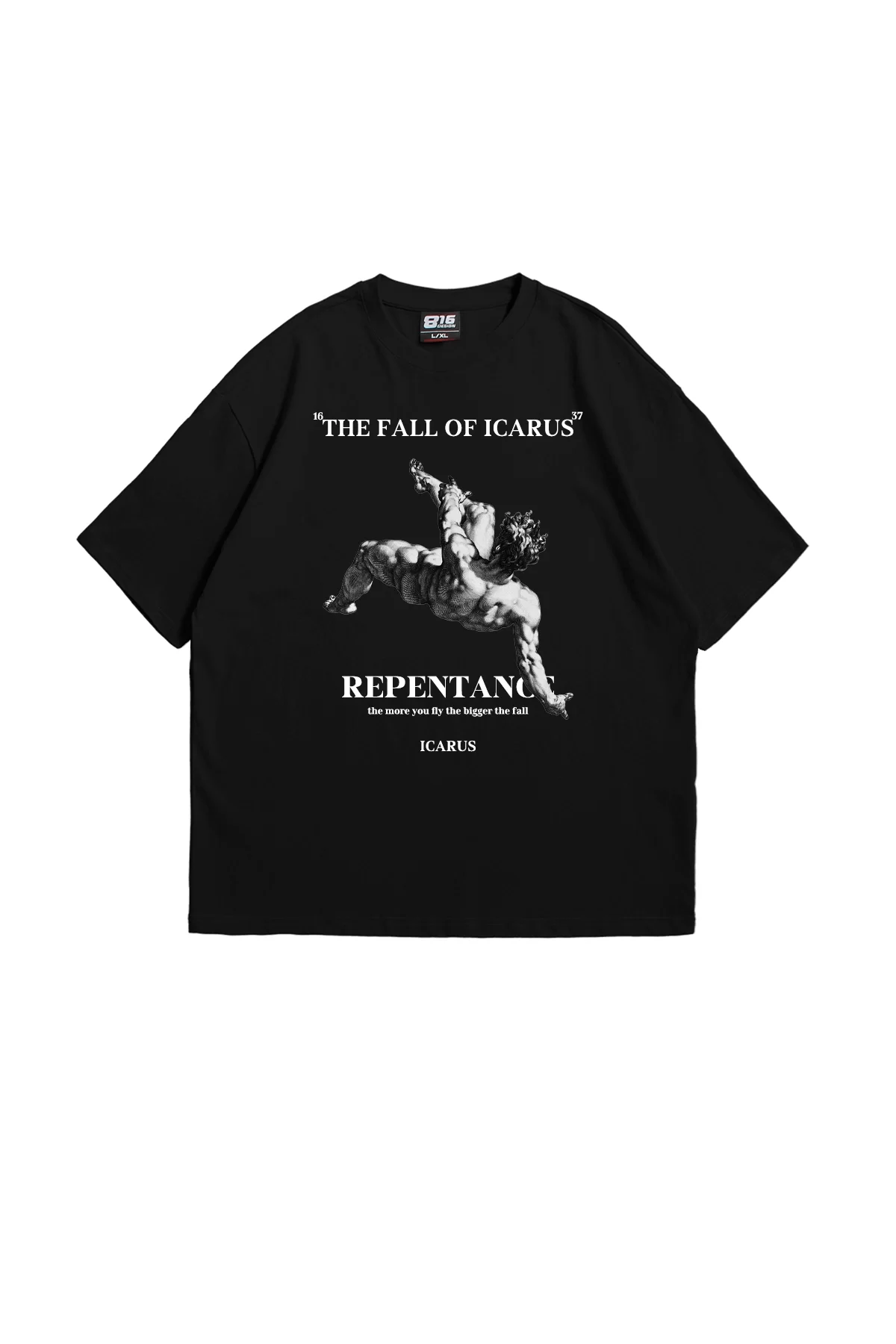 Fall Of Icarus Baskılı Oversize Unisex Siyah Tshirt