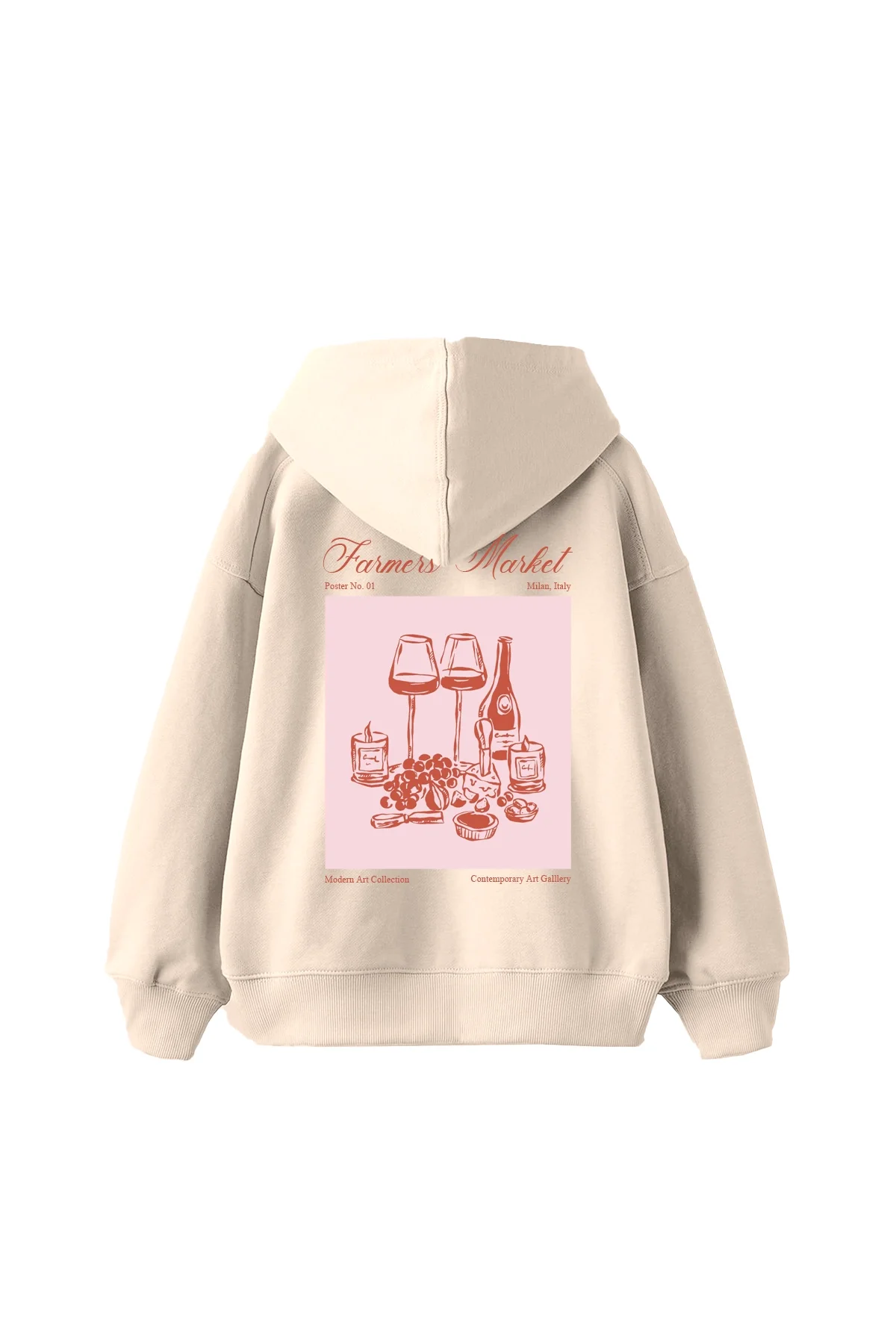 Farmers Market Baskılı Oversize Unisex Bej Hoodie