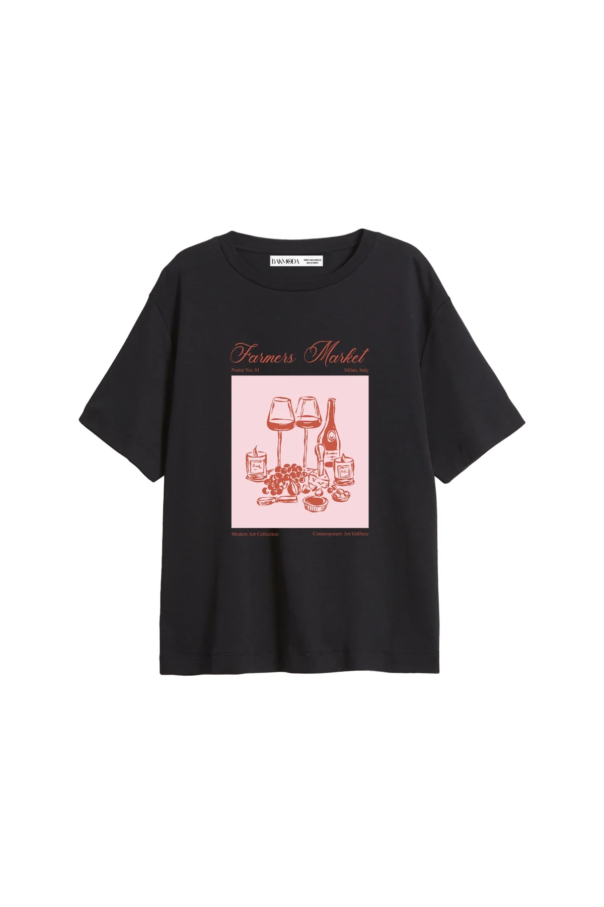 Farmers Market Baskılı Relaxed Fit Siyah Kadın Tshirt