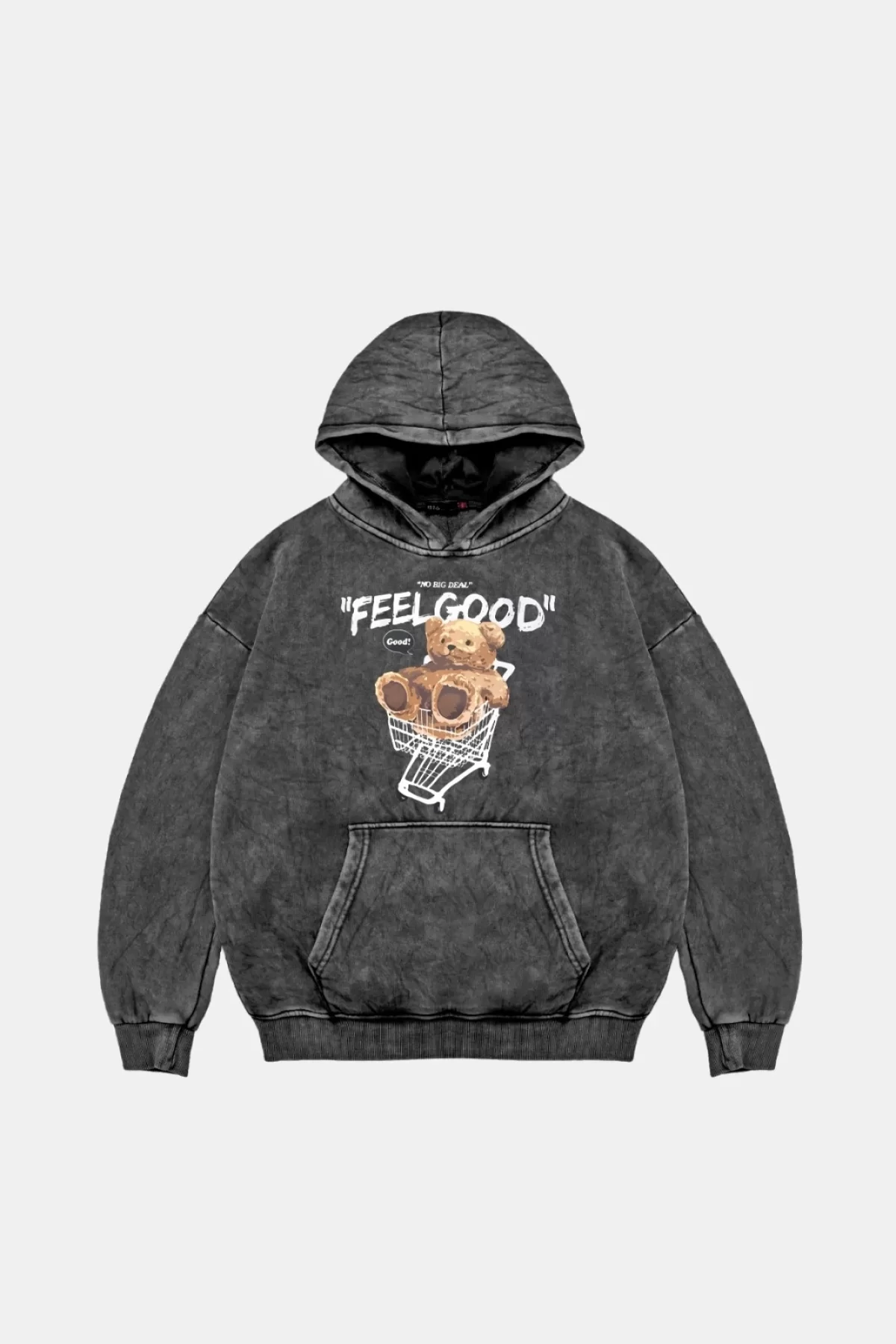 Feel Good Baskılı Oversize Unisex Yıkamalı Siyah Hoodie