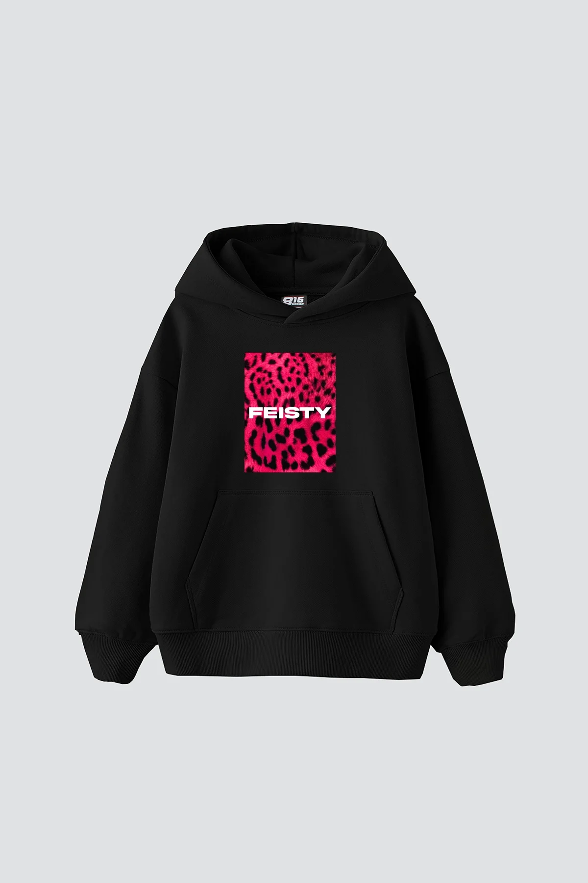 Feisty Baskılı Oversize Unisex Siyah Hoodie