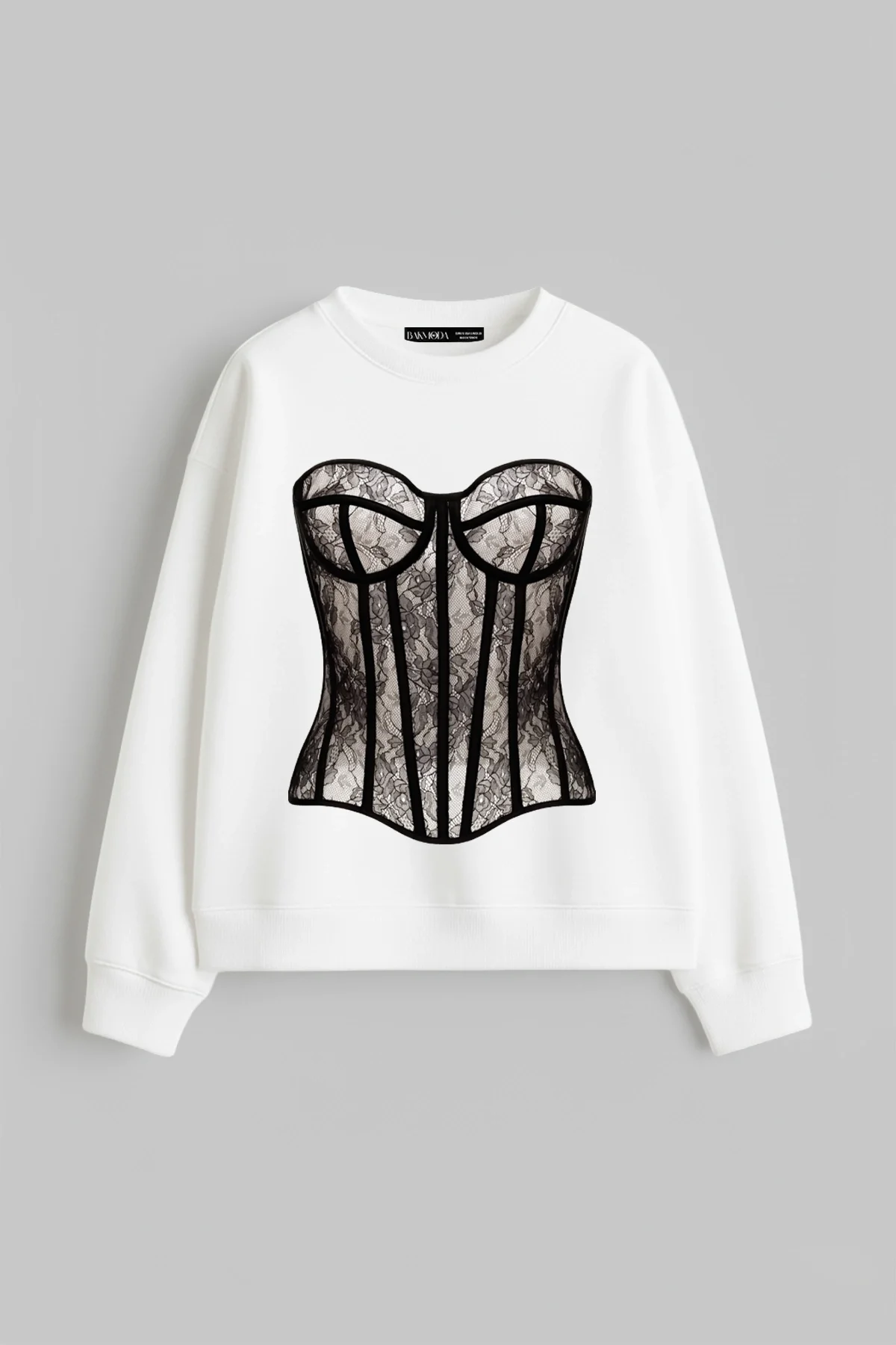 Fit Corset Baskılı Kapüşonsuz Relaxed Fit Kadın Beyaz Sweatshirt