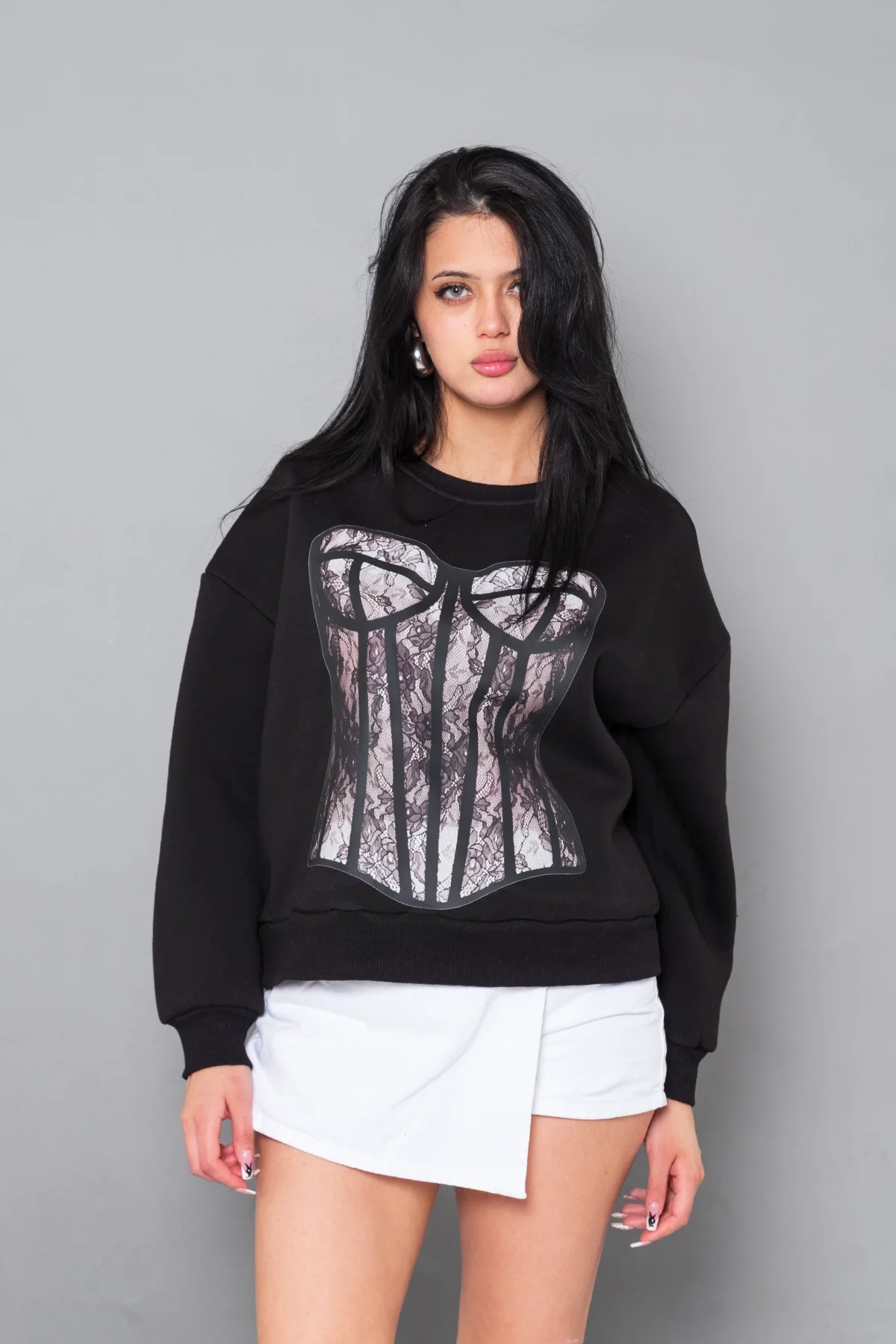 Fit Corset Baskılı Kapüşonsuz Relaxed Fit Kadın Siyah Sweatshirt
