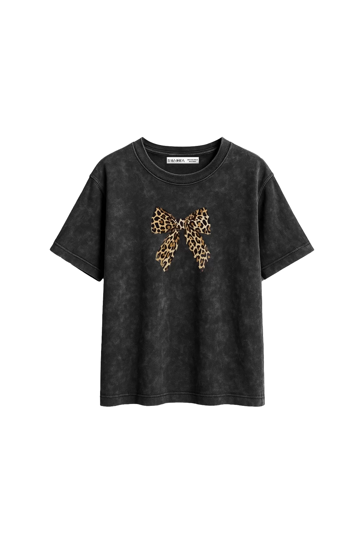 Fiyonk Baskılı Relaxed Fit Yıkamalı Siyah Kadın Tshirt