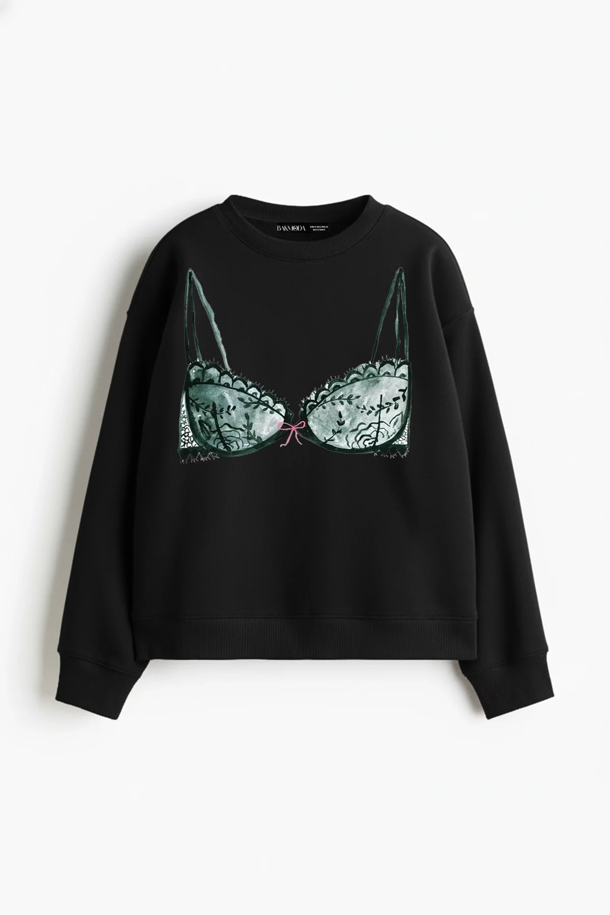 Fiyonk Bikini Baskılı Kapüşonsuz Relaxed Fit Kadın Siyah Sweatshirt