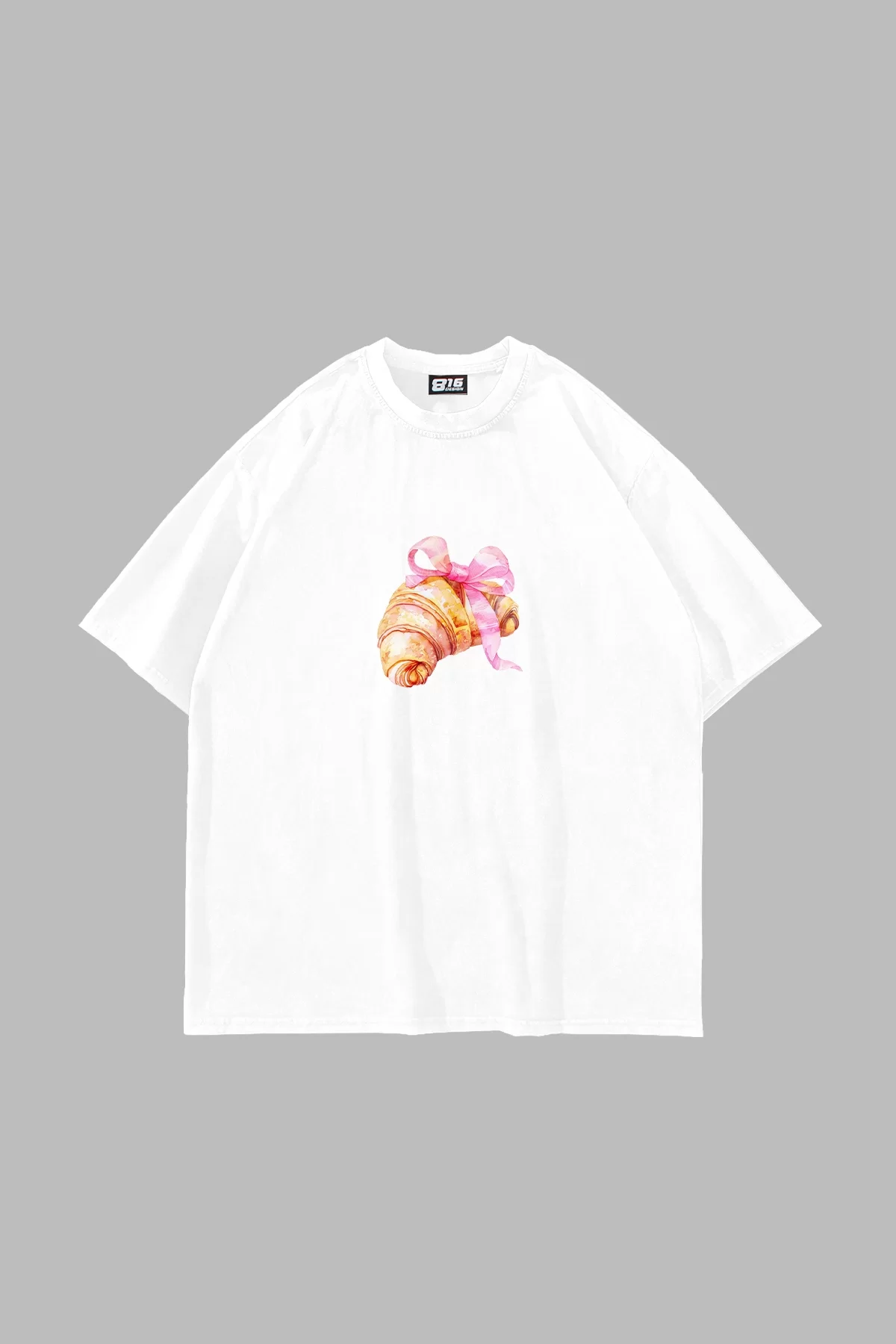 Fiyonk Kruvasan Baskılı Oversize Unisex Beyaz Tshirt