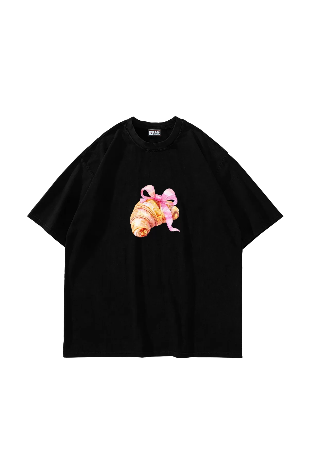 Fiyonk Kruvasan Baskılı Oversize Unisex Siyah Tshirt