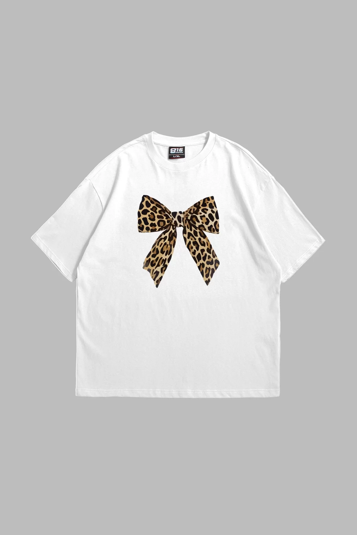 Fiyonk Leopar Baskılı 24/1 Oversize Unisex Beyaz Tshirt