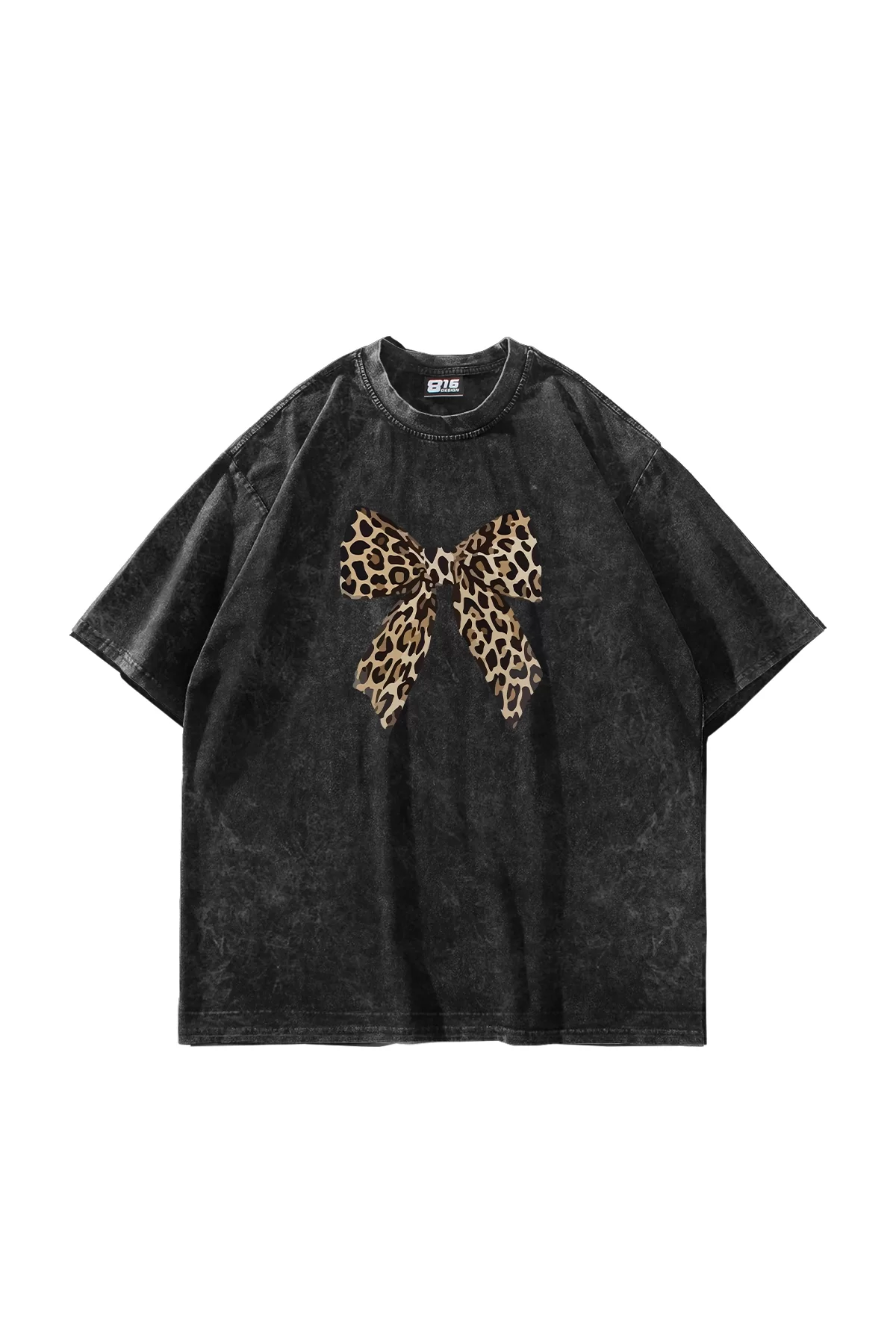 Fiyonk Leopar Baskılı 24/1 Oversize Unisex Yıkamalı Siyah Tshirt