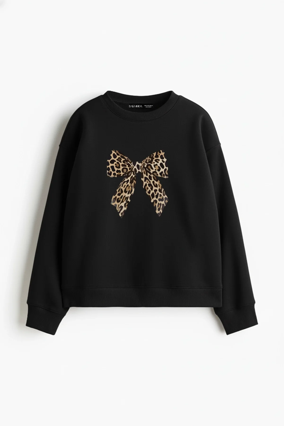 Fiyonk Leopar Baskılı Kapüşonsuz Relaxed Fit Kadın Siyah Sweatshirt