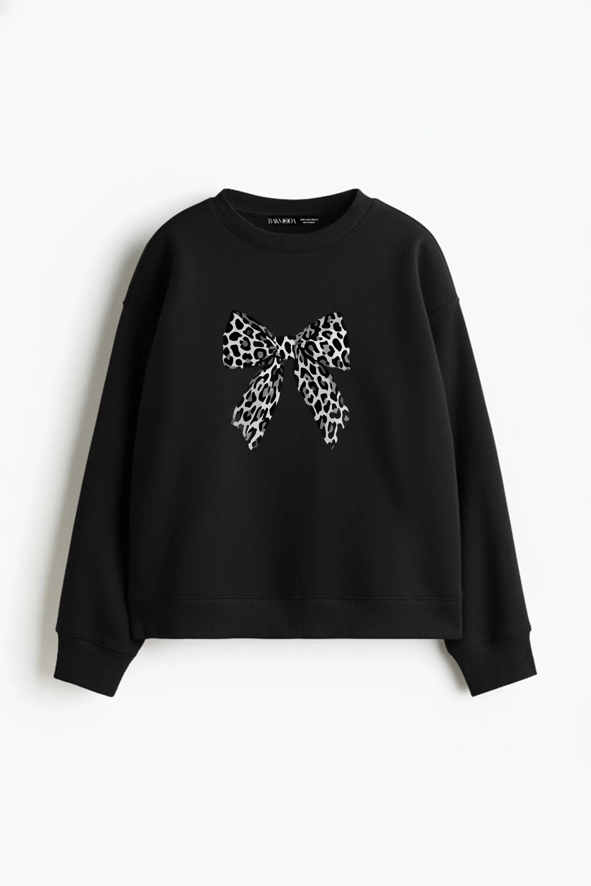 Fiyonk Leopar V2 Baskılı Kapüşonsuz Relaxed Fit Kadın Siyah Sweatshirt