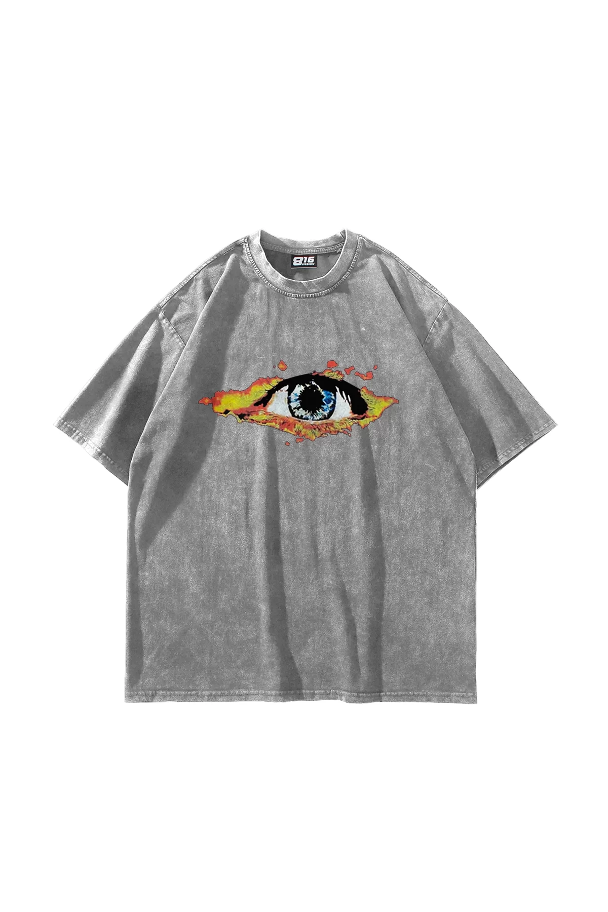 Flame Of Eye Baskılı Yıkamalı Beyaz Unisex Oversize Tshirt