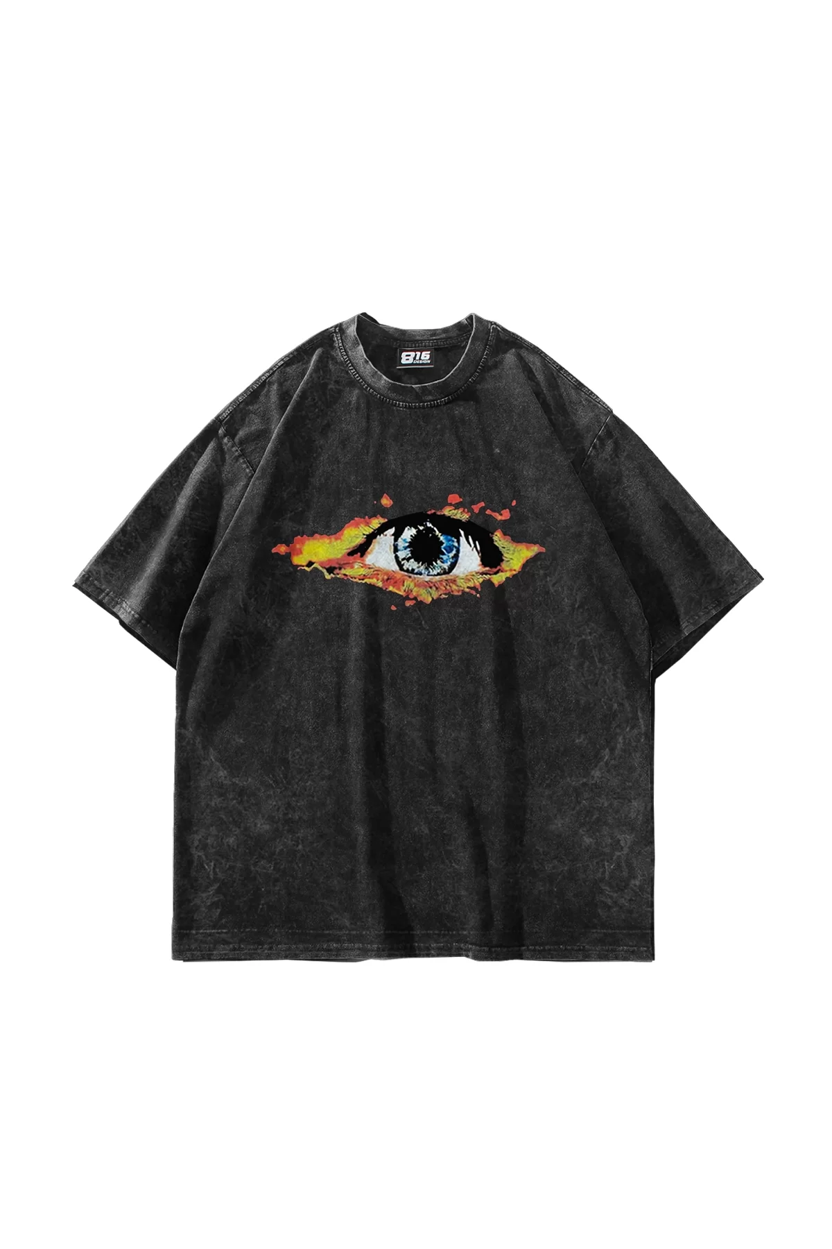 Flame Of Eye Baskılı Yıkamalı Siyah Unisex Oversize Tshirt