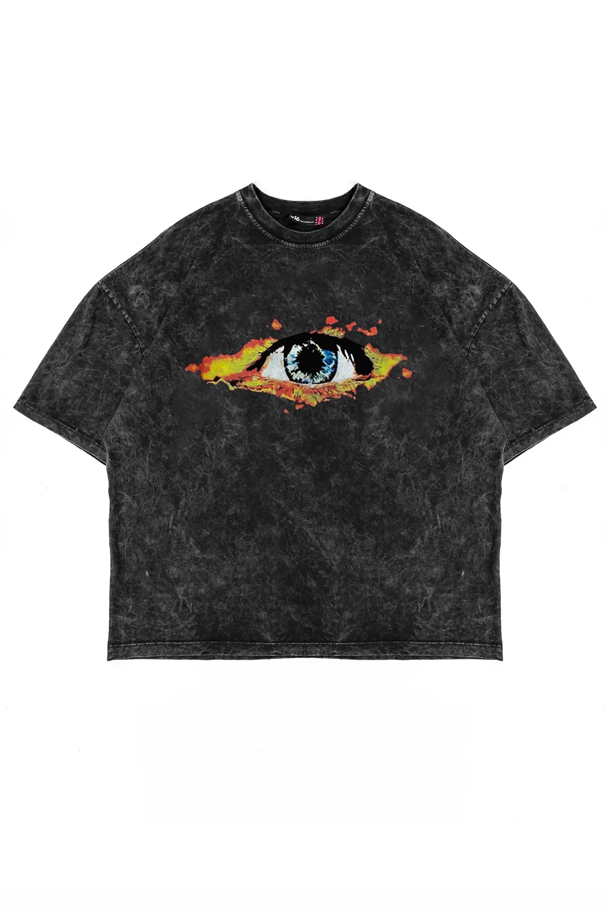 Flame Of Eye Baskılı Yıkamalı Siyah Unisex Oversize Tshirt