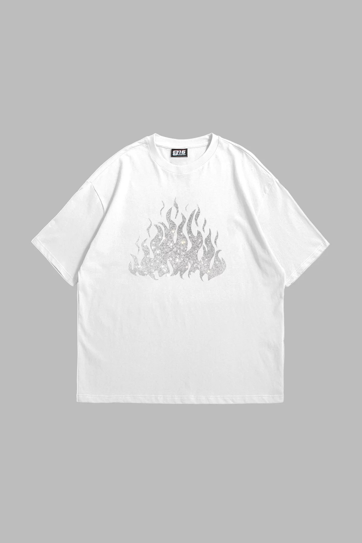 Flame Taş Baskılı Oversize Unisex Beyaz Tshirt